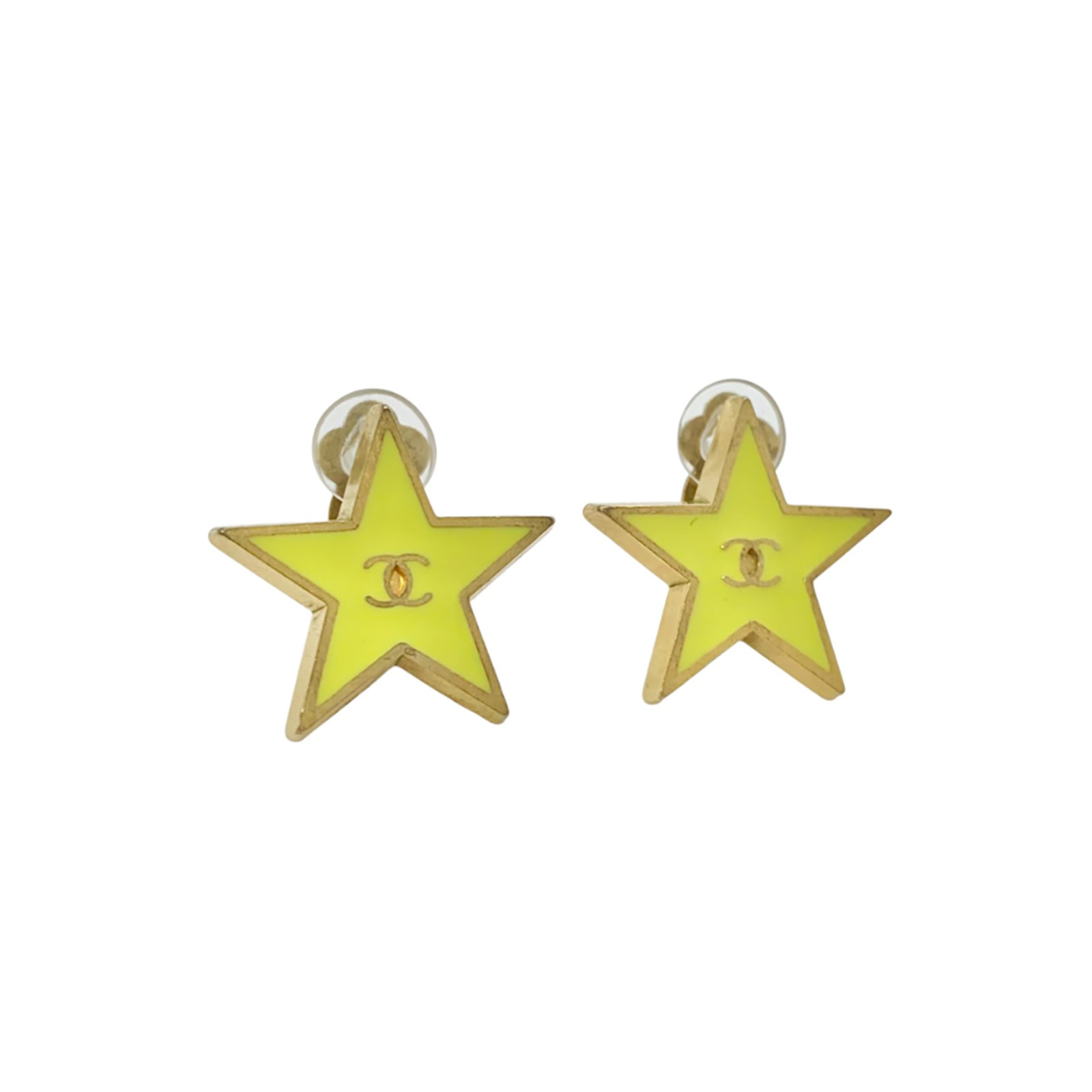 CHANEL CC Logos Yellow Star Clip-On Earrings Gold Tone 01P Auth #2604