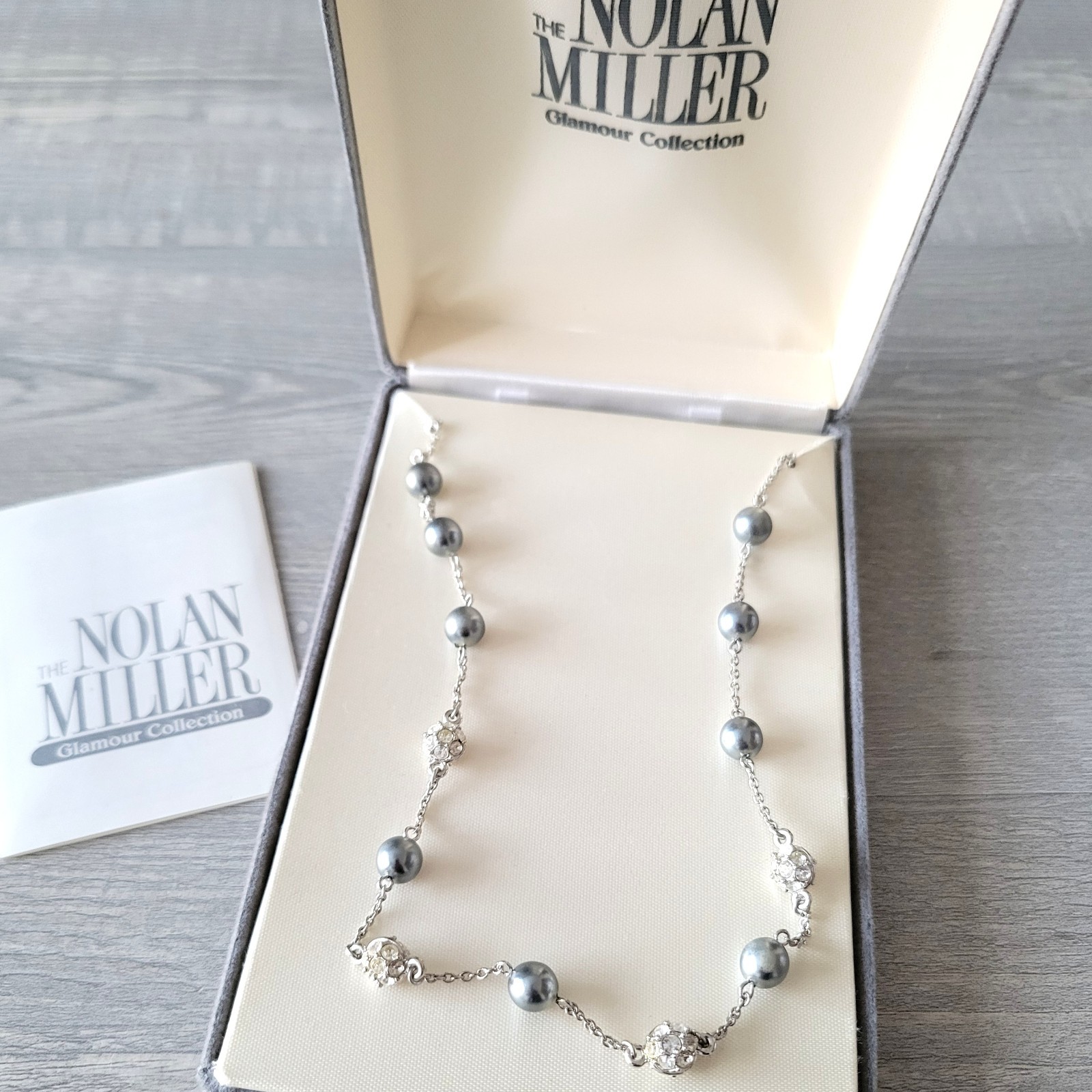 Vintage Nolan Miller Faux Pearl Crystal Bead Necklace Silver Tone In Box NEW