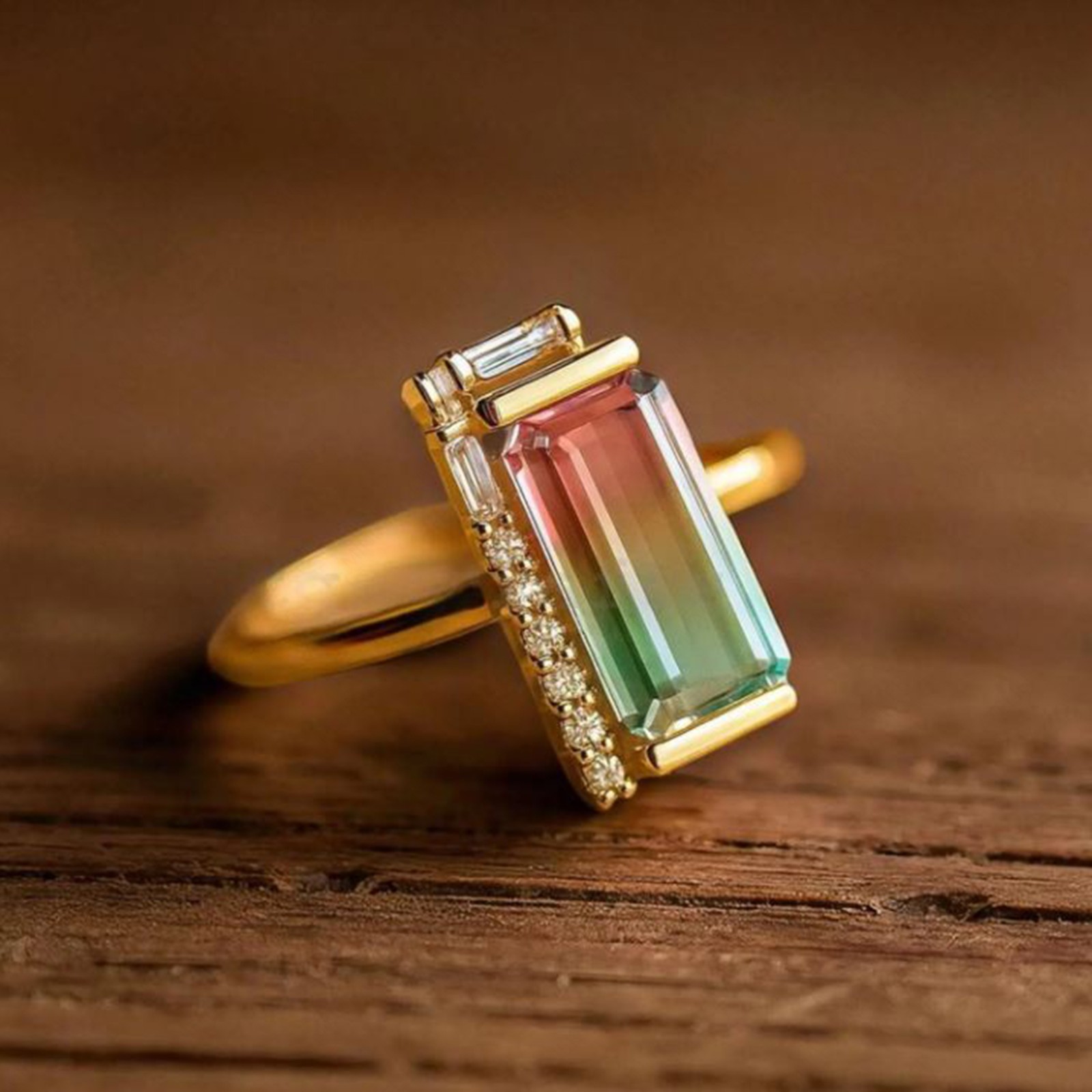 Baguette Cut Watermelon Tourmaline Engagement Art Deco Ring, Antique Jewelry