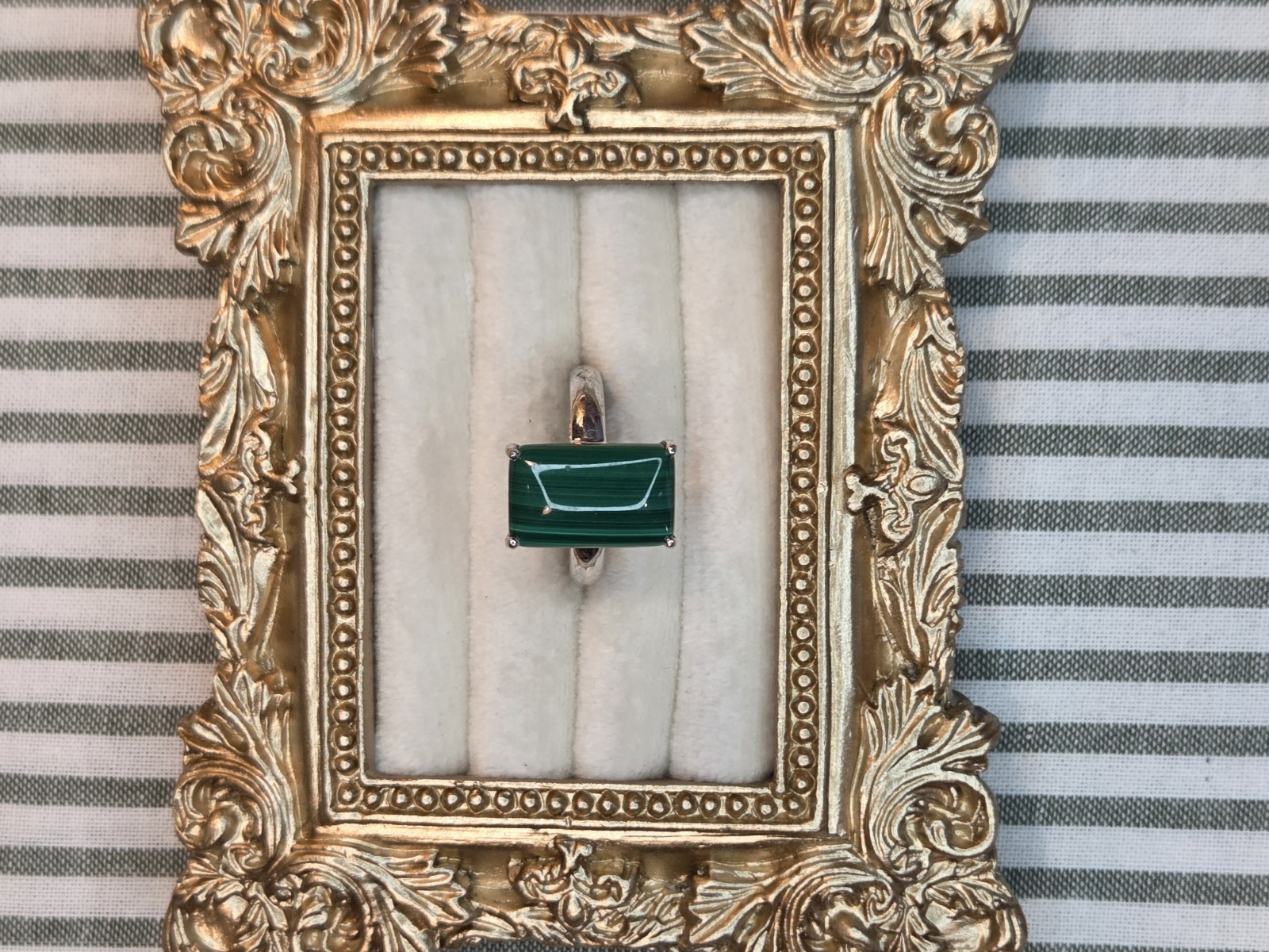 Silver Tone Green Rectangular Stone Cocktail Band Ring Size 7 1 Gemstone