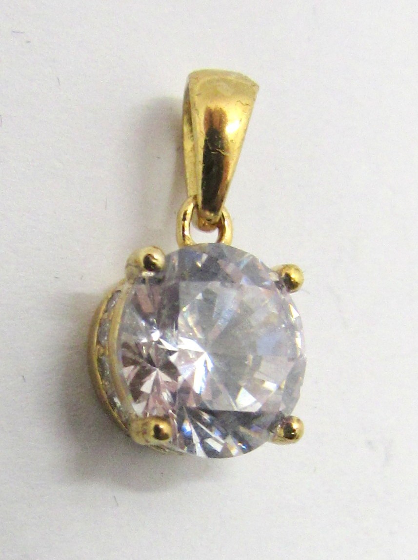 GOLD OVER 925 STERLING SILVER CUBIC ZIRCONIA ROUND SOLITAIRE PENDANT 14X7MM~1.3G