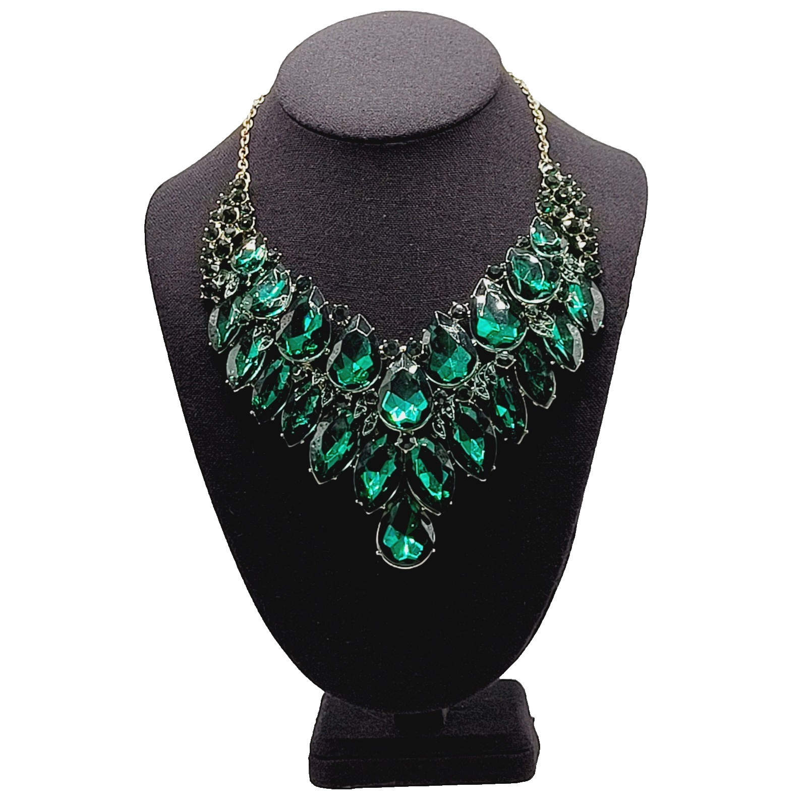 Christina Collection Green Faceted Glass Rhinestone Gold Tone Formal Necklace