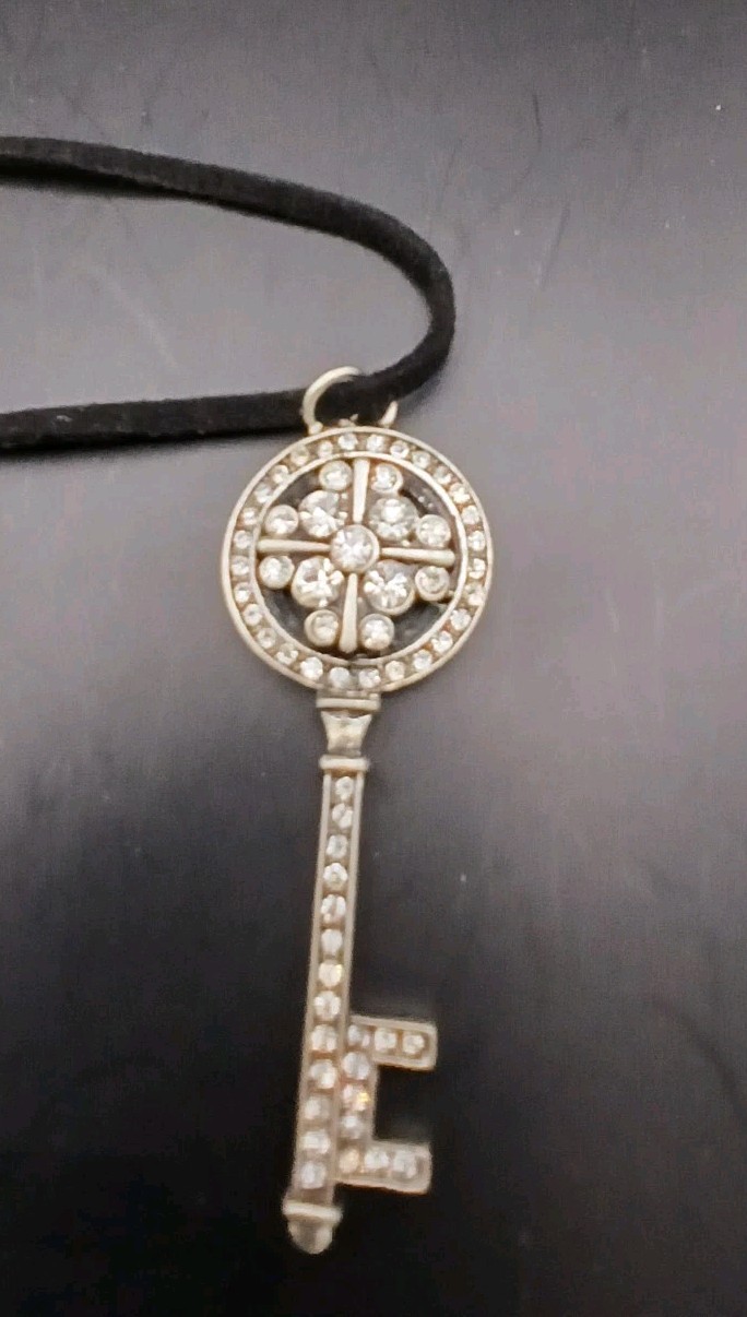 Silver Tone Rhinestone Skeleton Key Pendant/ Corded Necklace 16″ w/3″Extender