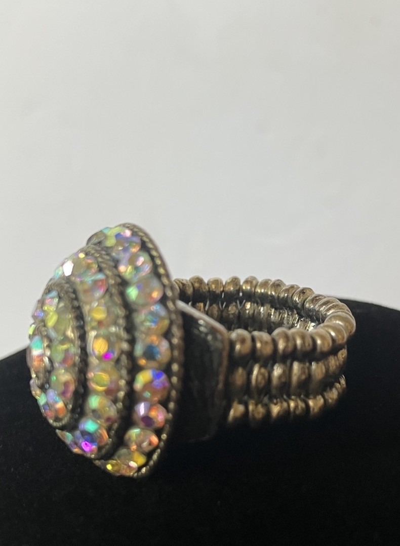 Aurora Borealis Circular Silvertone Stretch Cocktail Ring