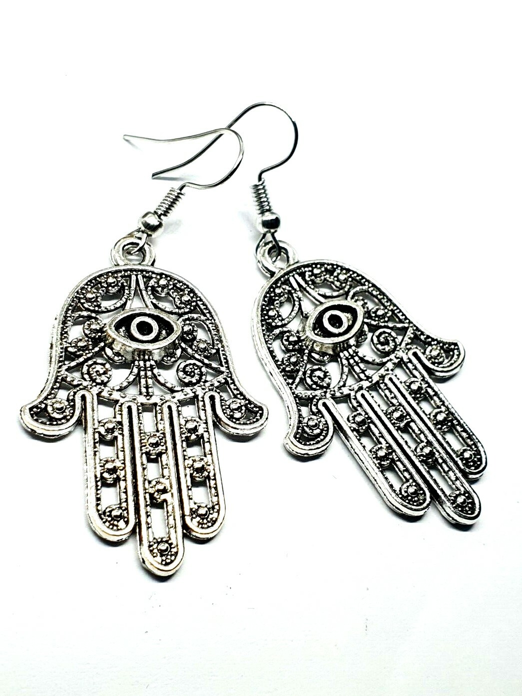 Large Hamsa Earrings Evil Eye Protection Filigree Silver Drop Dangle Jewellery