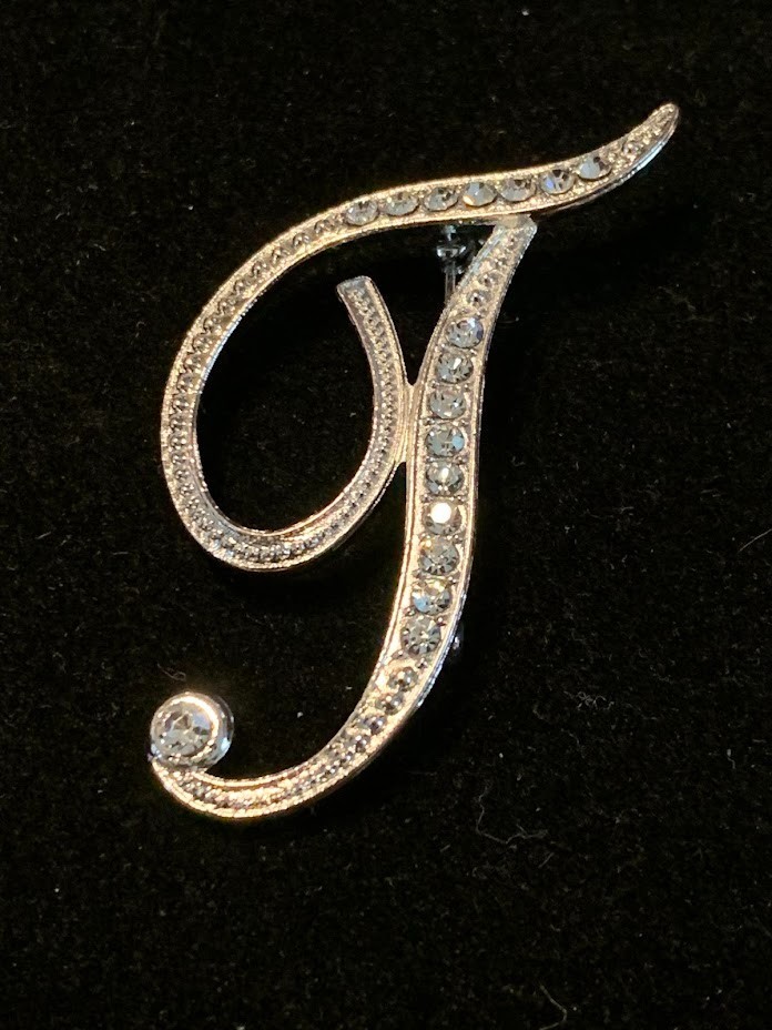 Initial Pin Brooch Silvertone with Rhinestones Letter “T”