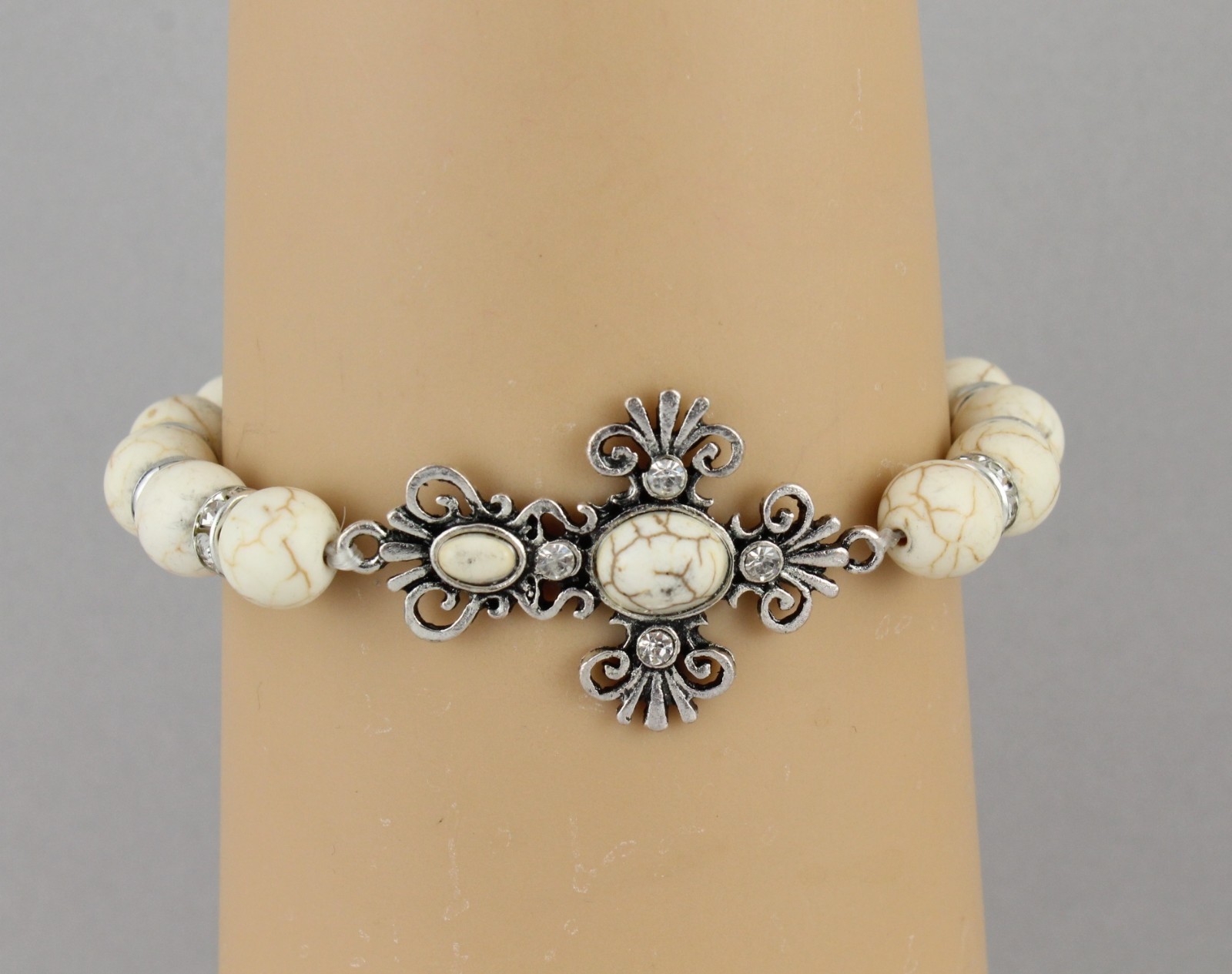 cross bracelet stretch Cream Silver stretchy beaded bracelet metal charm