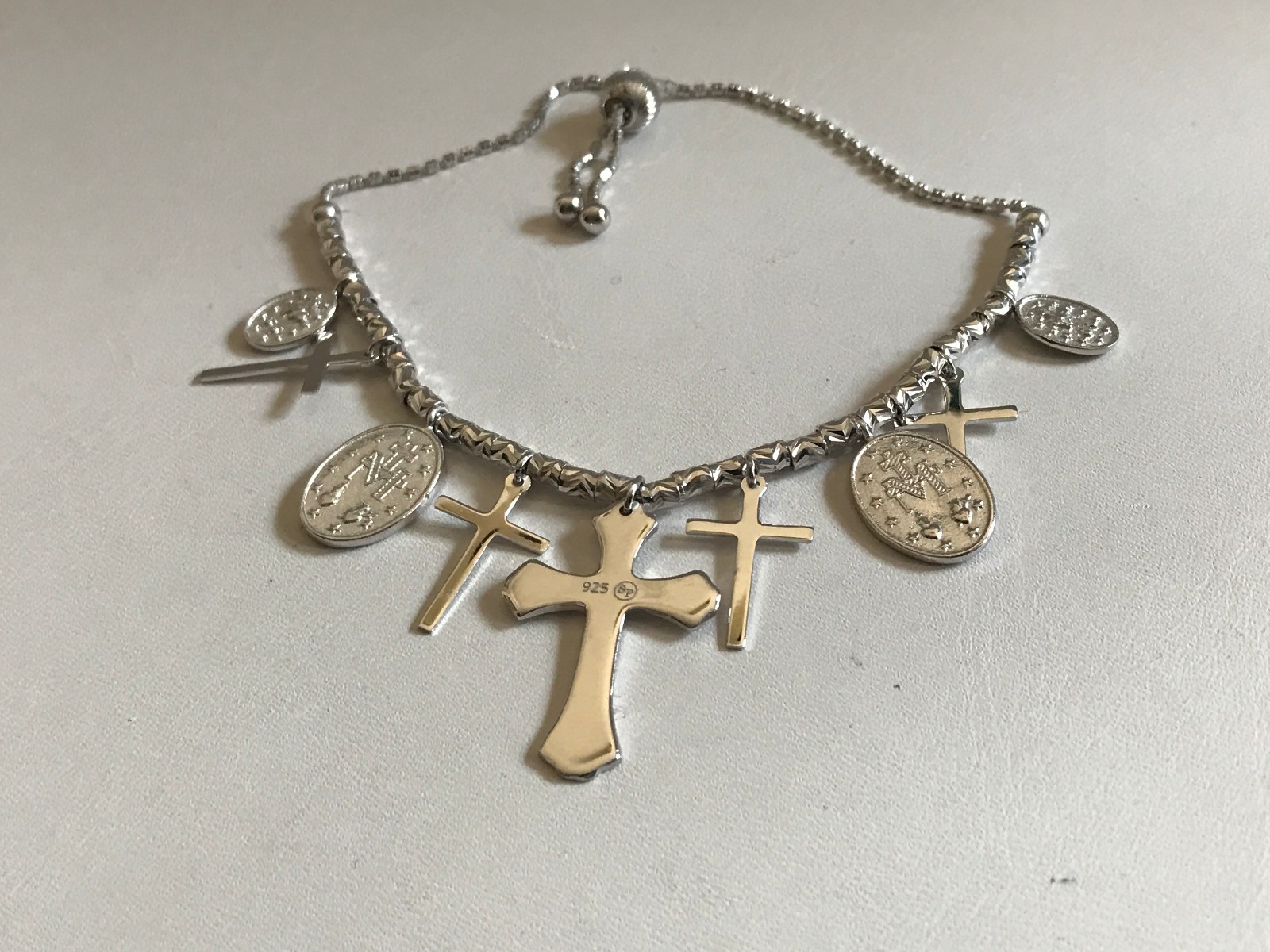CROSS & MEDALLION CHARM LARIAT BRACELET / 925 STERLING SILVER / 9” ADJUSTABLE