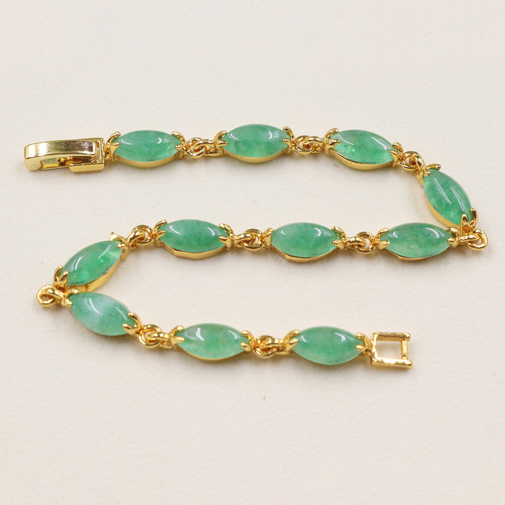 Hot Sale Real 18K GP Chain Heated Green Jade Marquise Link Bracelet Gift 7.1inch