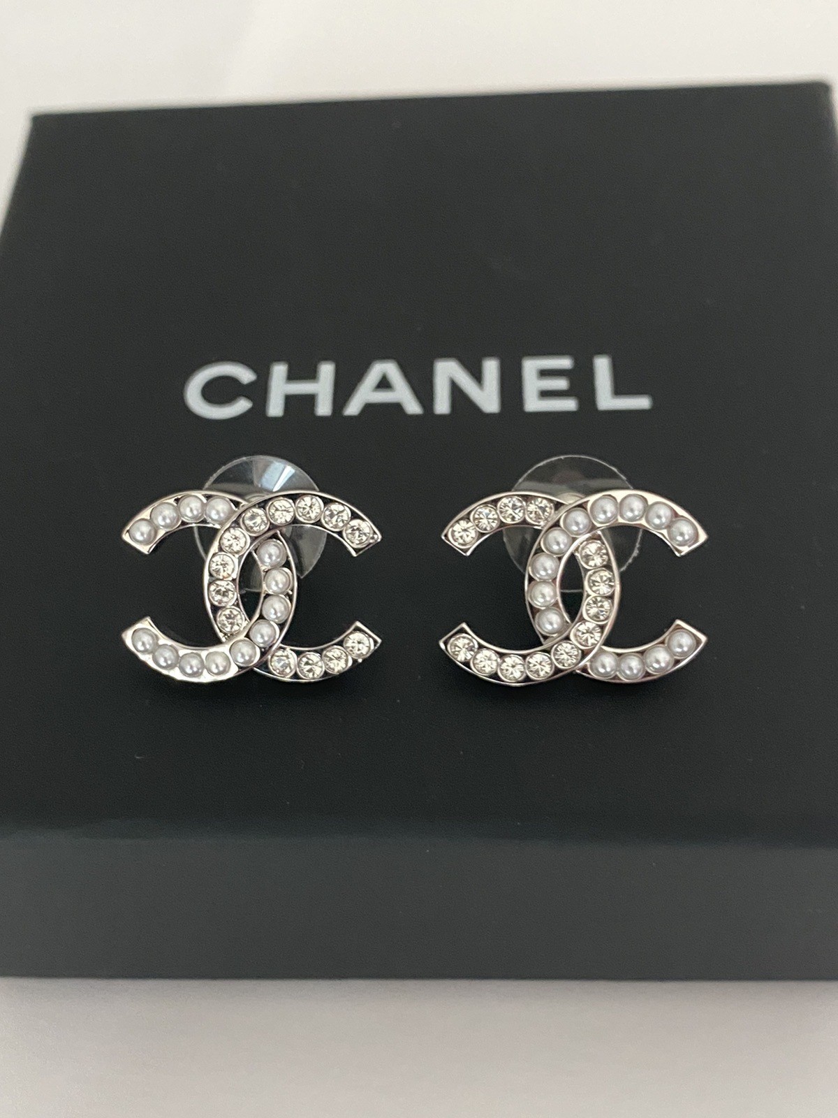 Authentic Chanel Silver Tone Crystal Stud Earrings Medium Size