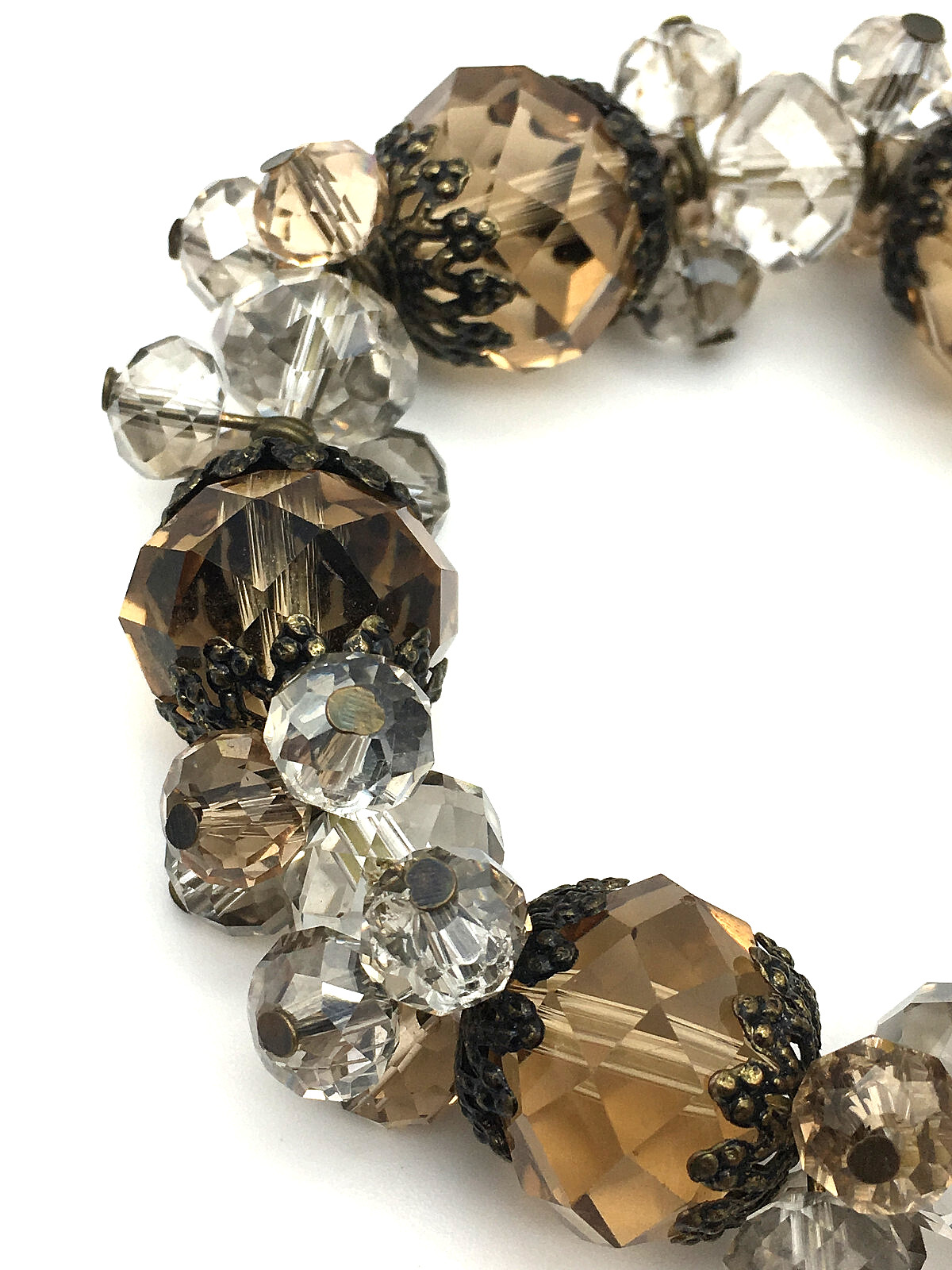 Large Smokey Quartz BronzeTone End Caps & Faceted Clear Crystal Stretch Bracelet