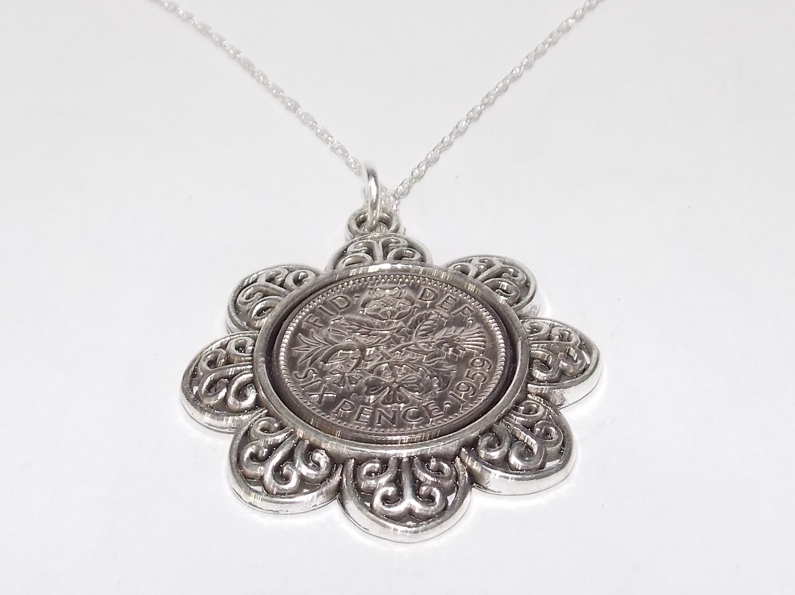 62nd Birthday Gift – 1964 – LUCKY SIXPENCE COIN Floral Pendant+ SS 18in Chain