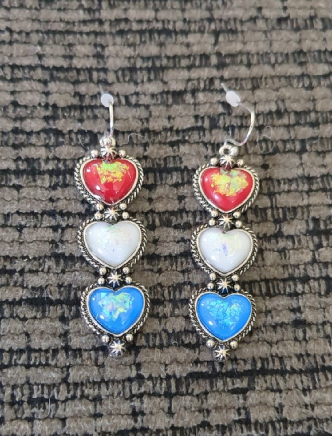 Western Patriotic Heart Drop Earrings Red White Blue Opal Epoxy Dangle 2″