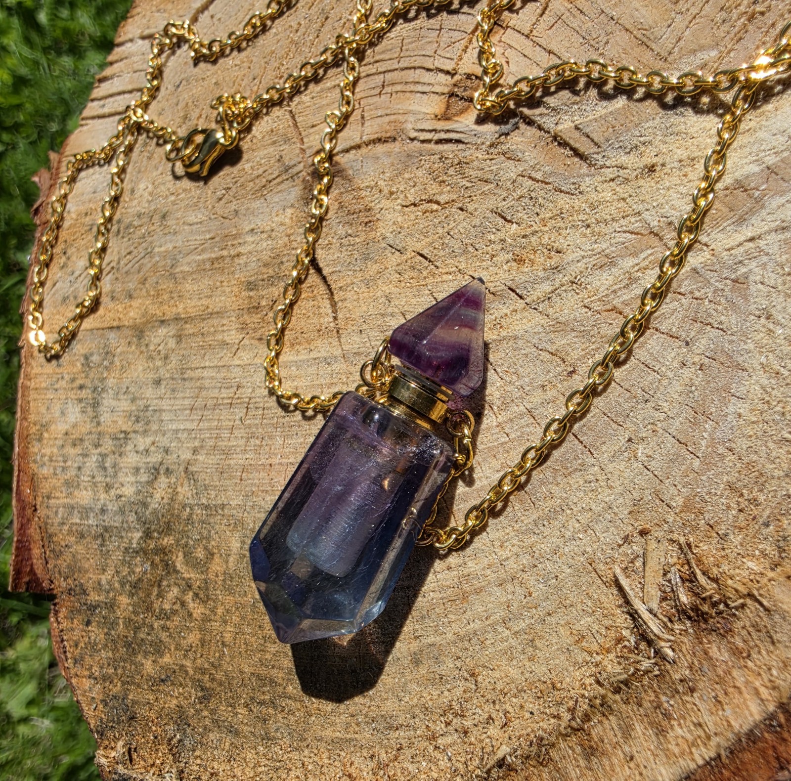 Natural Rainbow Fluorite Crystal Perfume Bottle Necklace Hexagon Prism Pendant