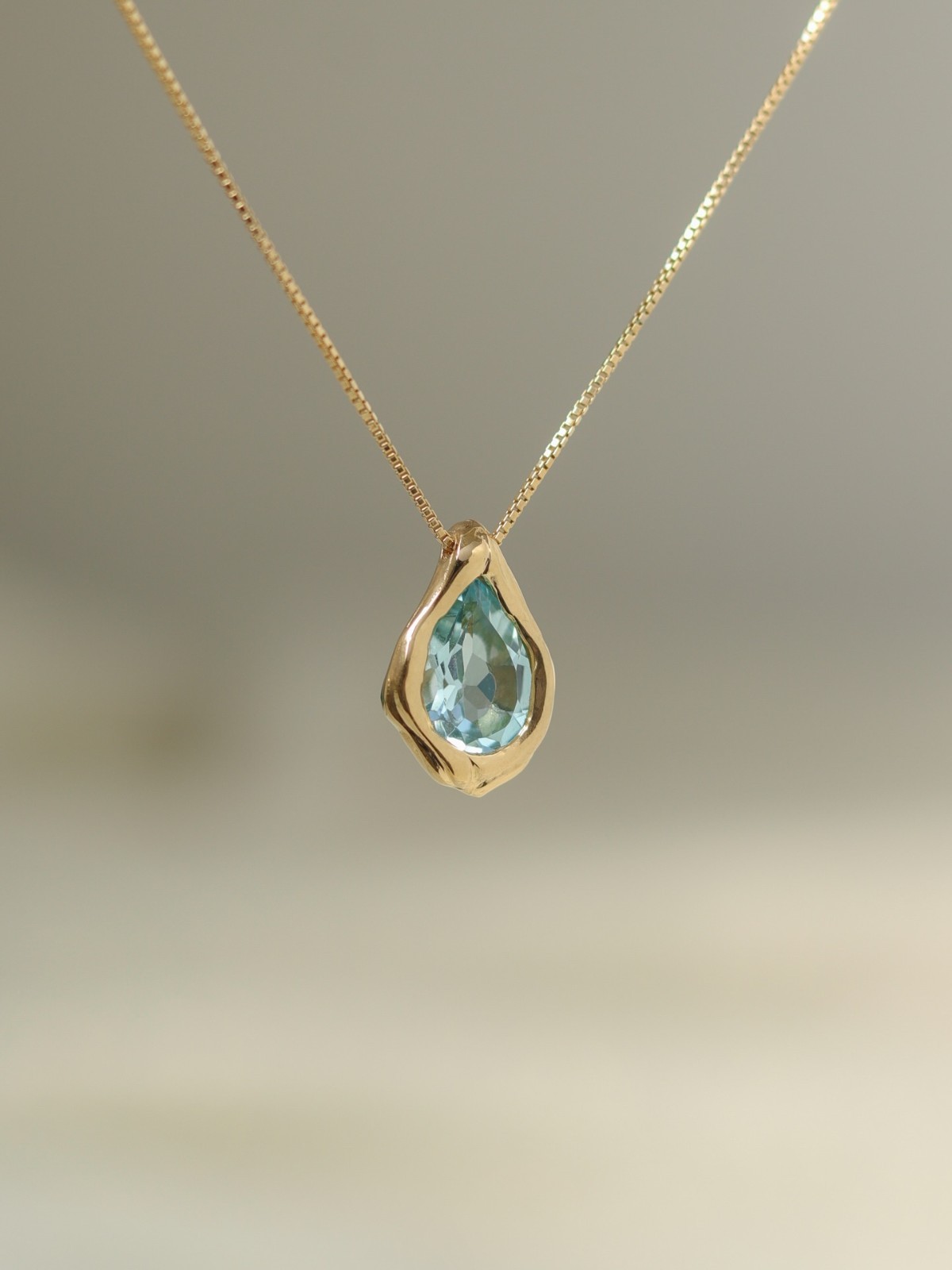 Light Blue Pear Cut CZ Diamond Pendant Bezel Set Gold Anniversary Gifts For Her