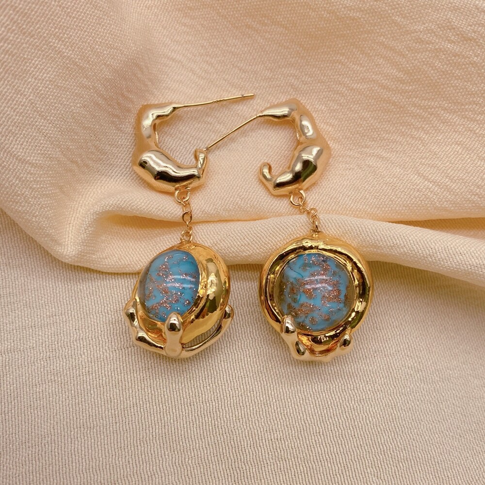 15.5″ Blue Murano Glass Choker Necklace Dangle Earrings Set