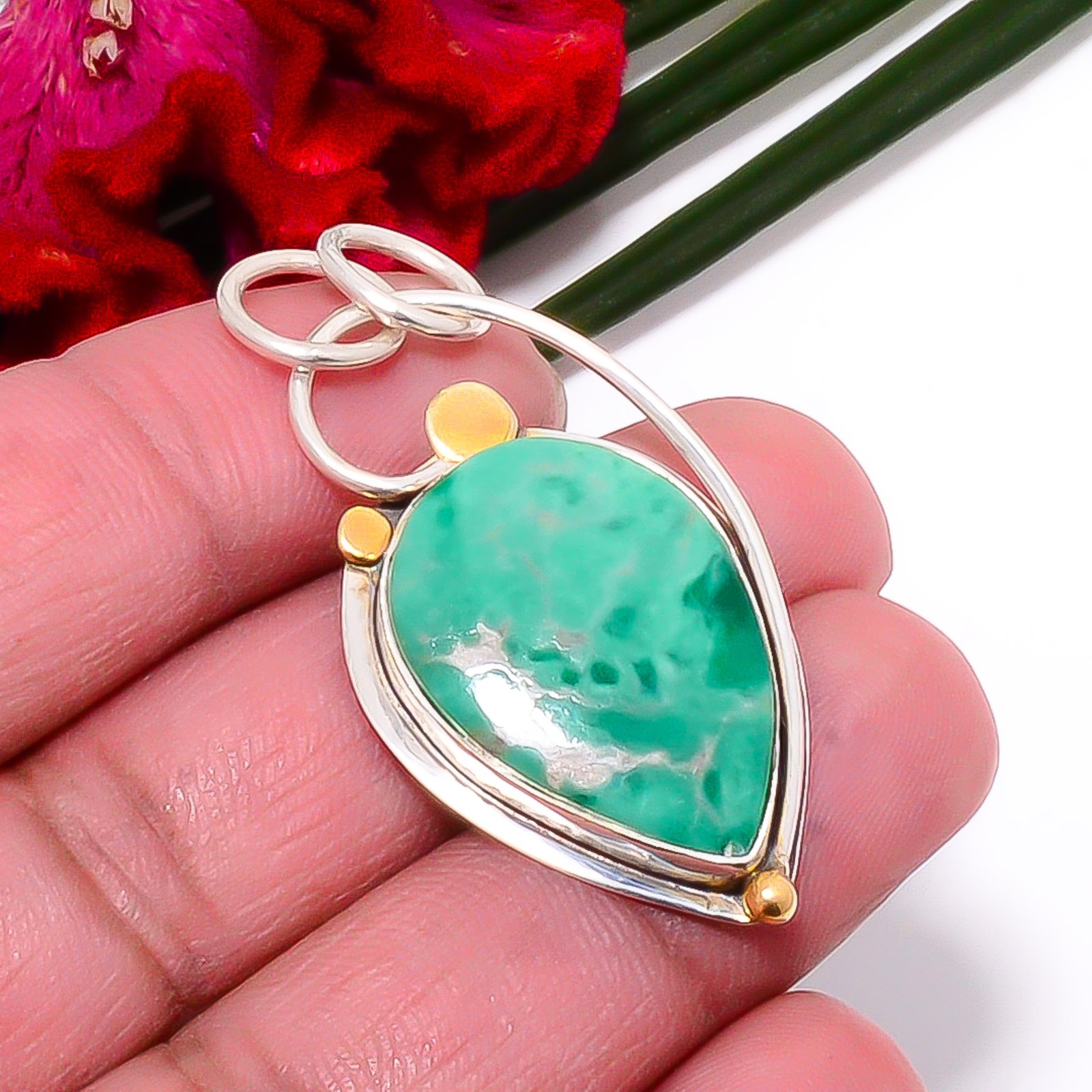 Variscite – Green Turquoise 925 Sterling Silver Two Tone Pendant 1.76″ sku19