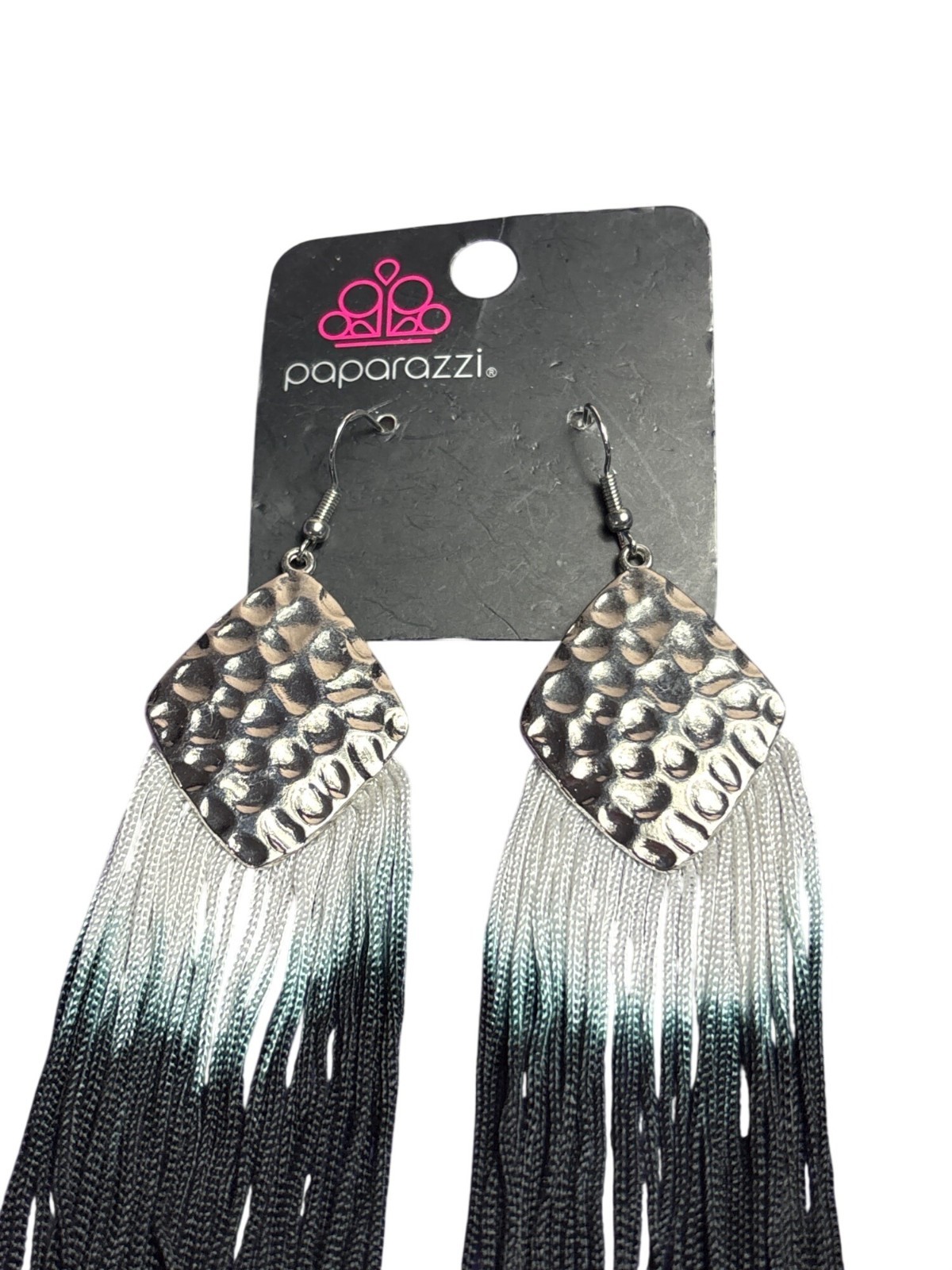 Paparazzi Hammered Silvertone Dangle Earrings Fringe White Blue Black 4.5 in New