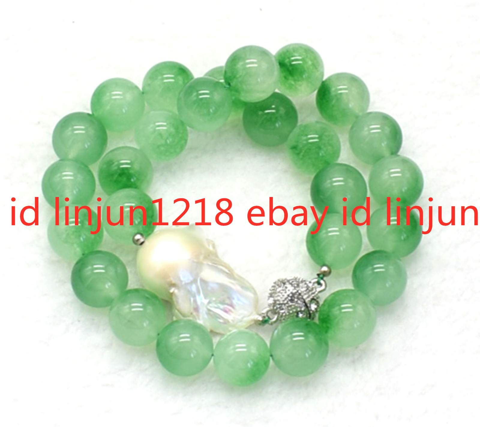 Beautiful 14mm Green Jade Gemstone 15-20mm White Baroque Pearl Necklace 18” AAA