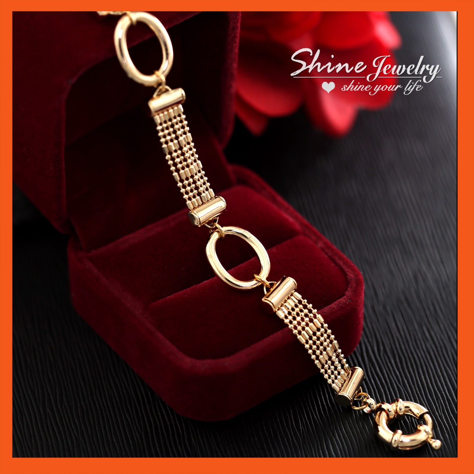 18K ROSE GOLD FILLED MULTI BEADED O LINKS CHAIN BOLT RING BANGLE BRACELET 18.5CM