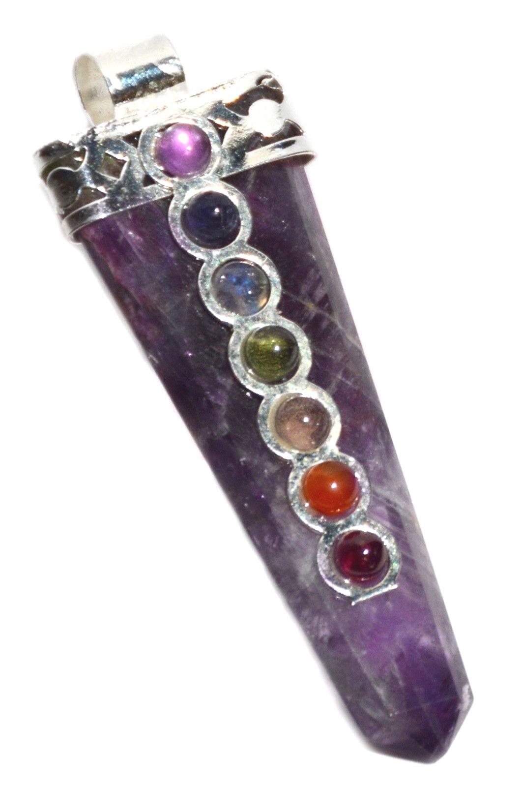 Amethyst Crystal Point 7 Chakra Gemstone Silver Pendant Necklace Reiki Healing