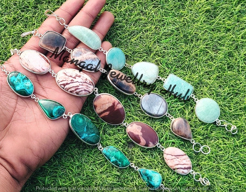 Amazonite & Mix Gemstone 925 Sterling Silver Plated 5PC Bracelets Lot Jewellery