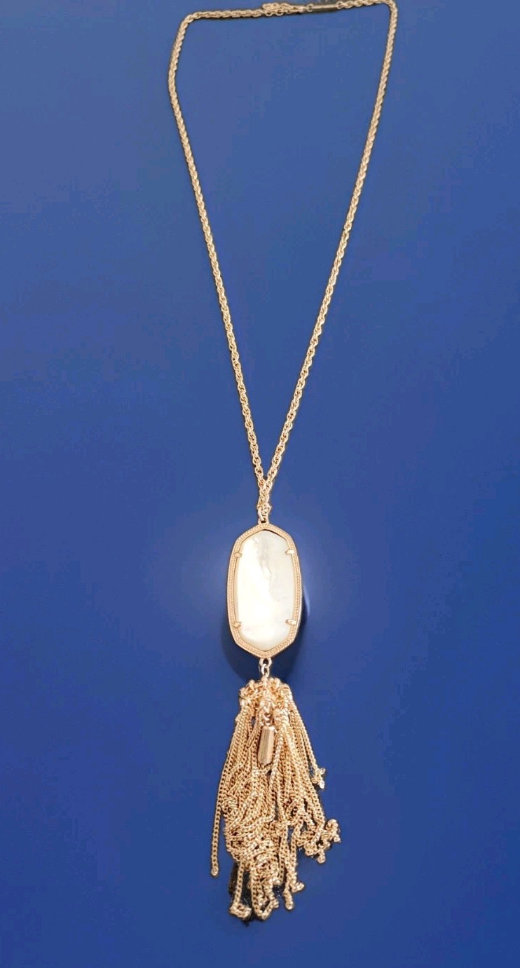 Kendra Scott RAYNE Rose Gold Plated Long Tassel Necklace In Ivory Pearl 29″