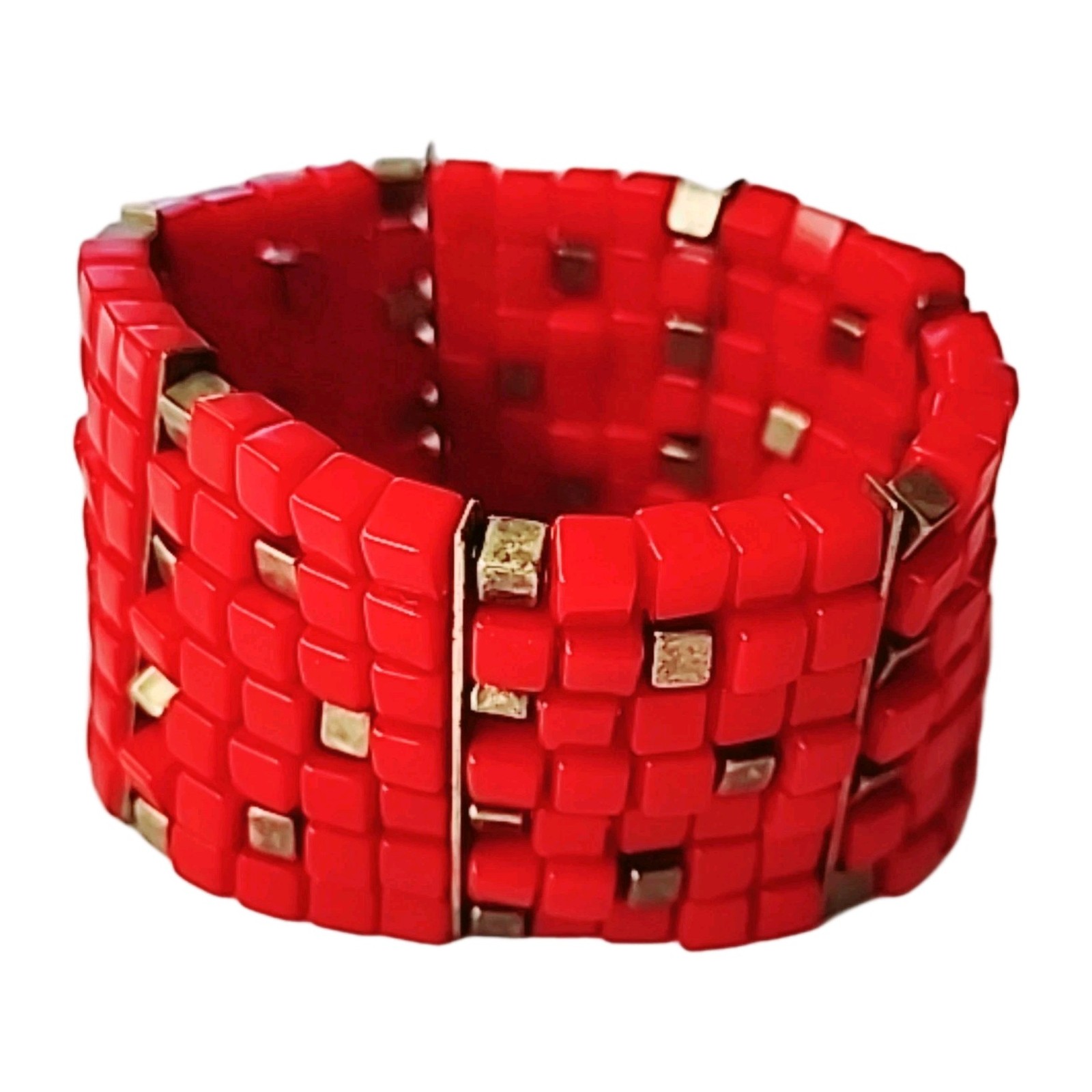 Women’s Unique Art Deco Red & Brass Cubes Mosaic Stretch Bracelet Cuff Vintage
