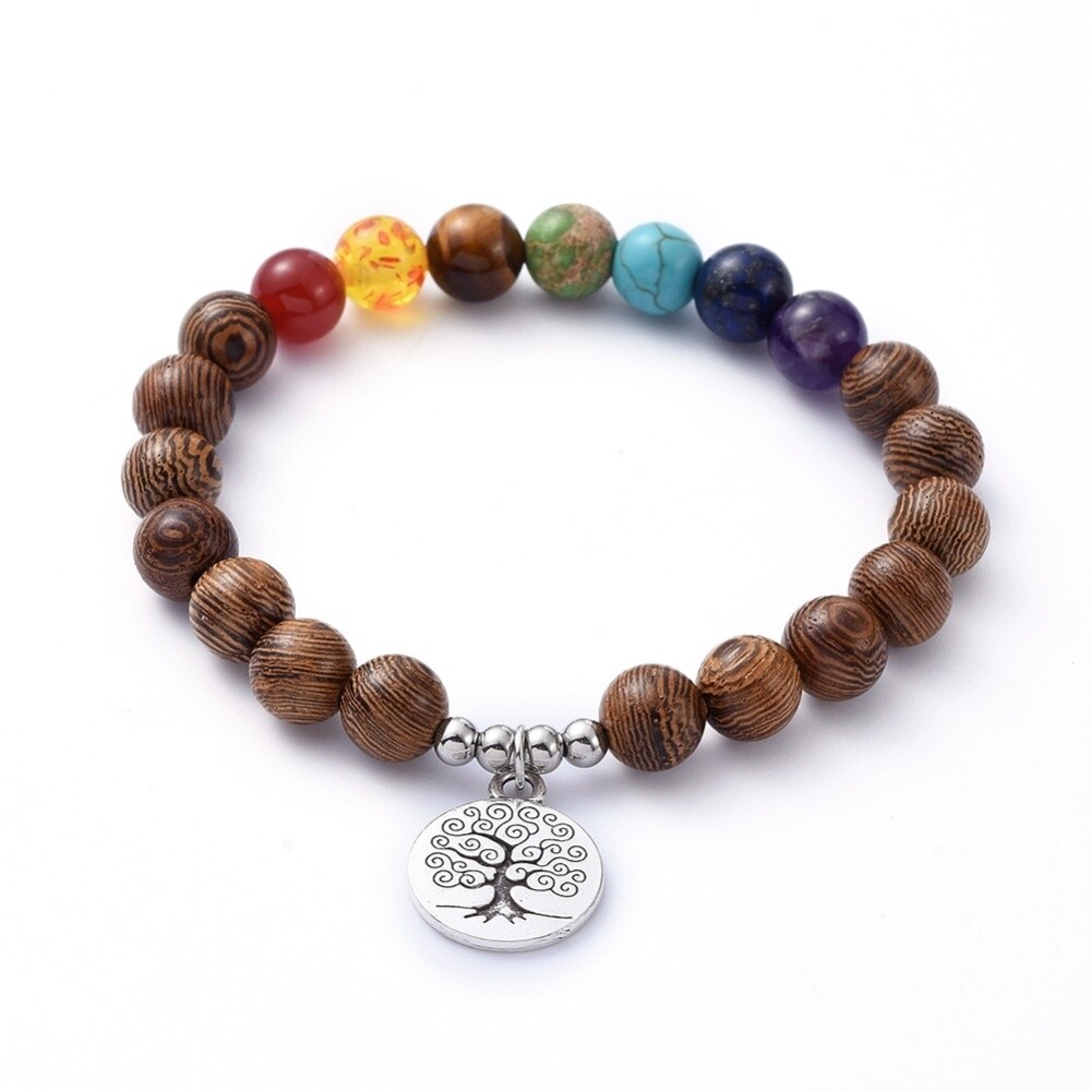 TREE OF LIFE 7 CHAKRA GEMSTONE WOODEN BEAD UNISEX BRACELET IDEAL GIFT FOR XMAS