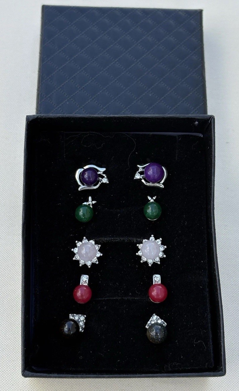 New 5 Pairs Stud Earrings. Genuine Gemstones Set In Silver Tone. Jade, Tiger Etc