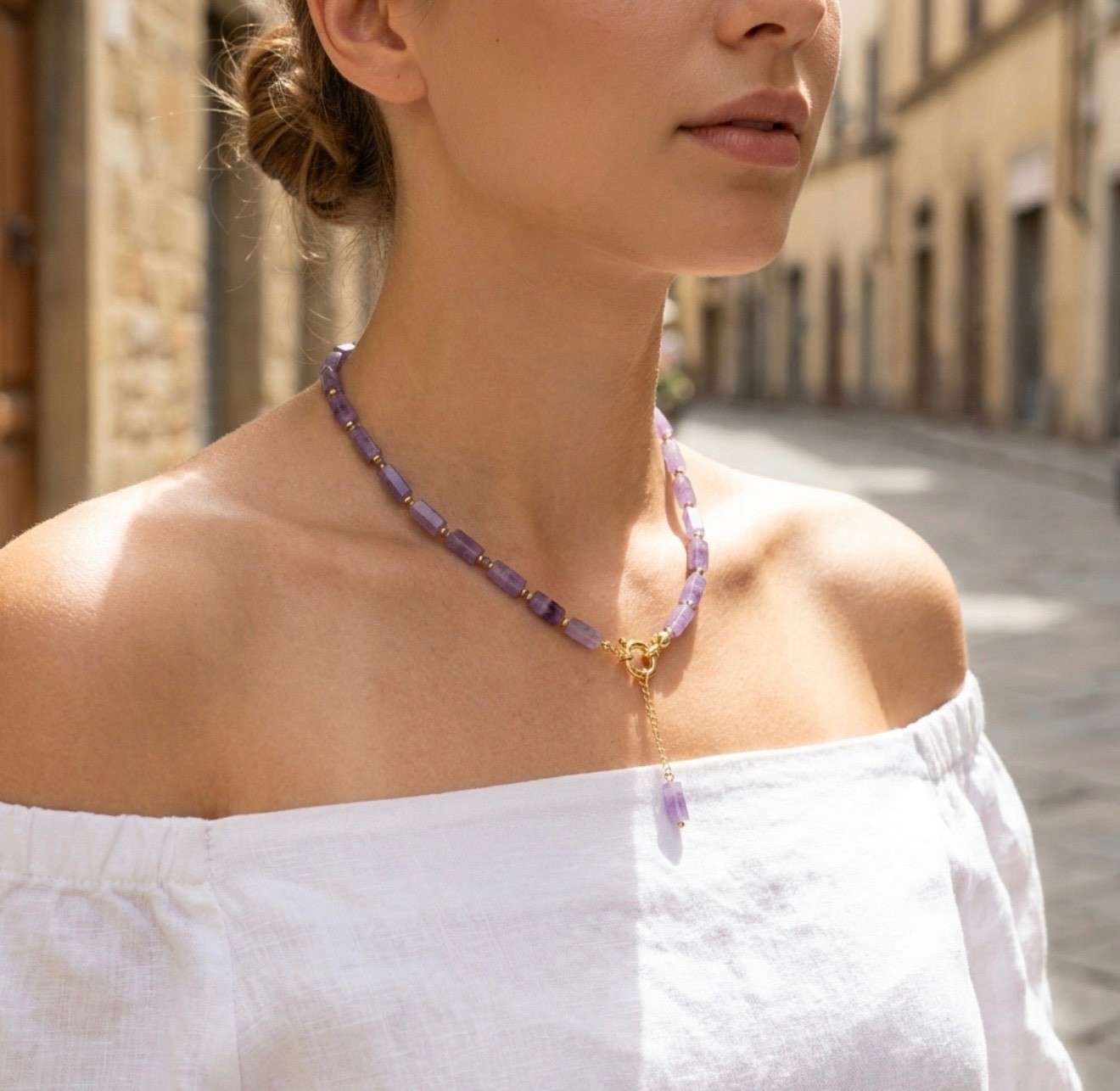 18K Gold Plated Amethyst Beaded Y Toggle Necklace Purple Semi-Precious Stone NEW