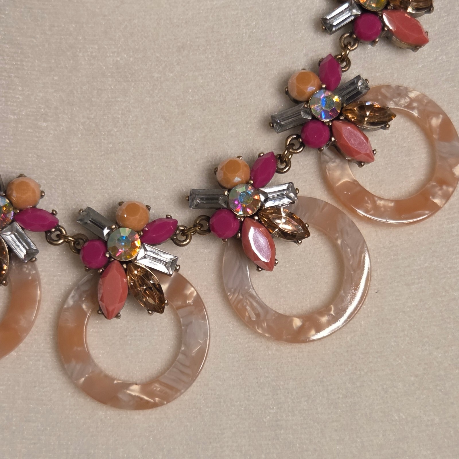 pink & gold boho statement necklace w/ circle pendants + colorful rhinestones
