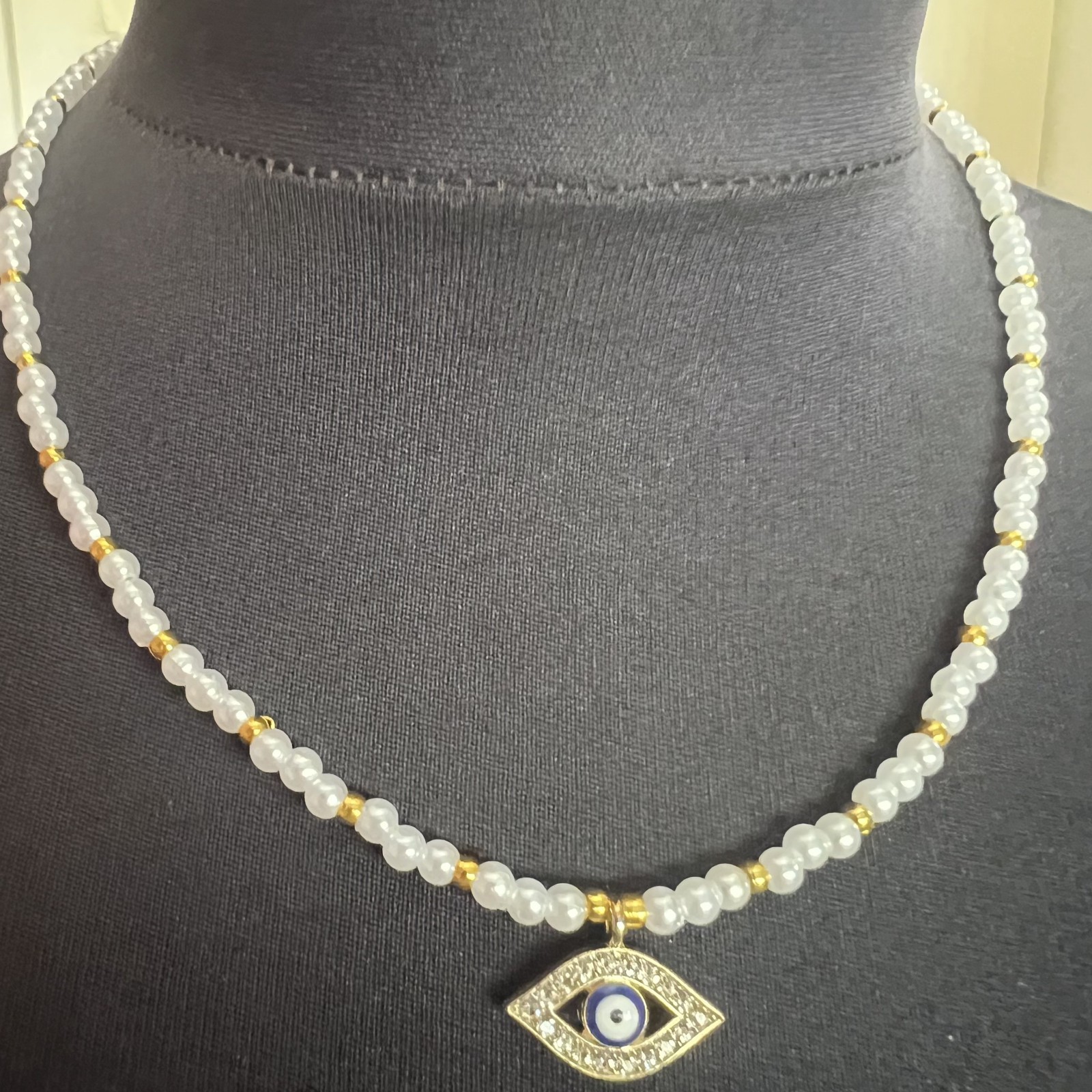 Handmade faux pearl beaded choker necklace gold spacer rhinestone evil eye charm