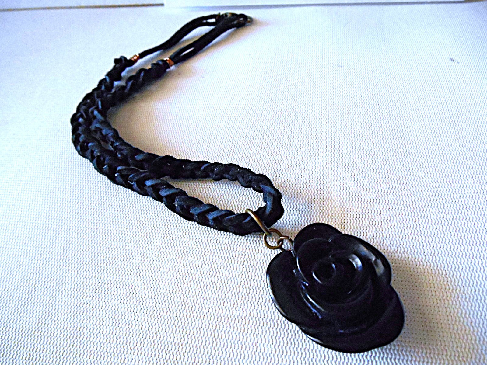 Bronzetone Black Braided Corded Flower Pendant Necklace
