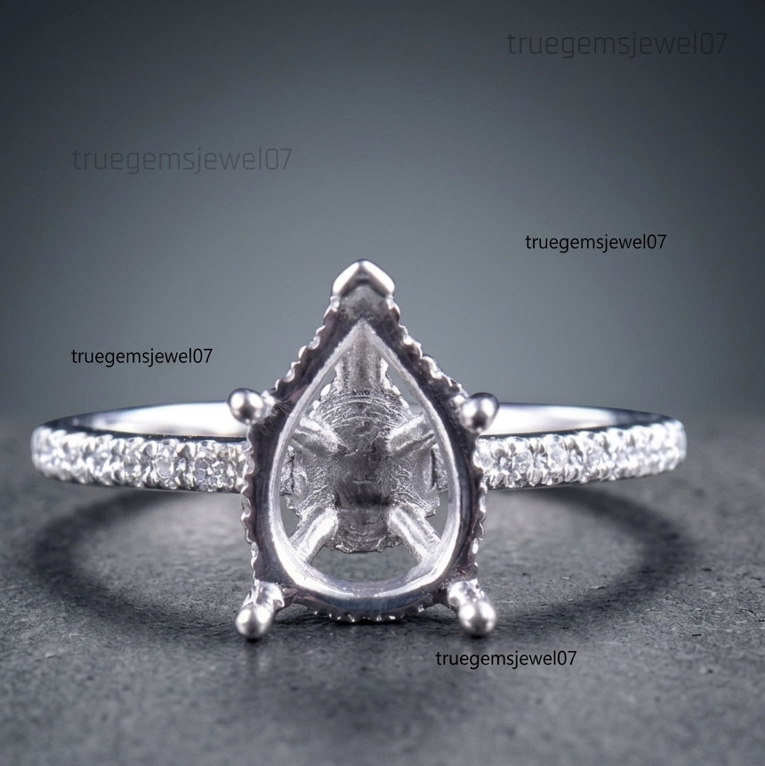 925 Sterling Silver Semi Mount Ring Setting Halo Pear Cut 10x7mm Fine Jewely