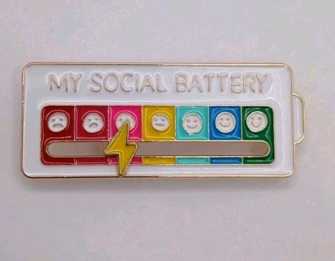“My Social Battery” Enamel Metal Lapel Pin/Brooch 2-Pack White & Black