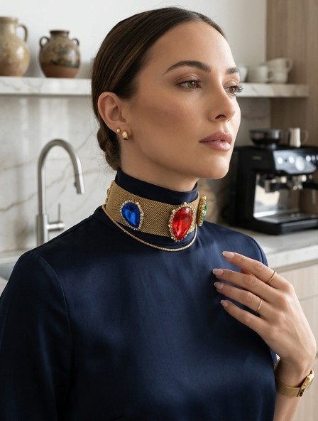 NEW Women Jewelry Gold Mesh Metal Choker Band Necklace Red Blue Green Crystals