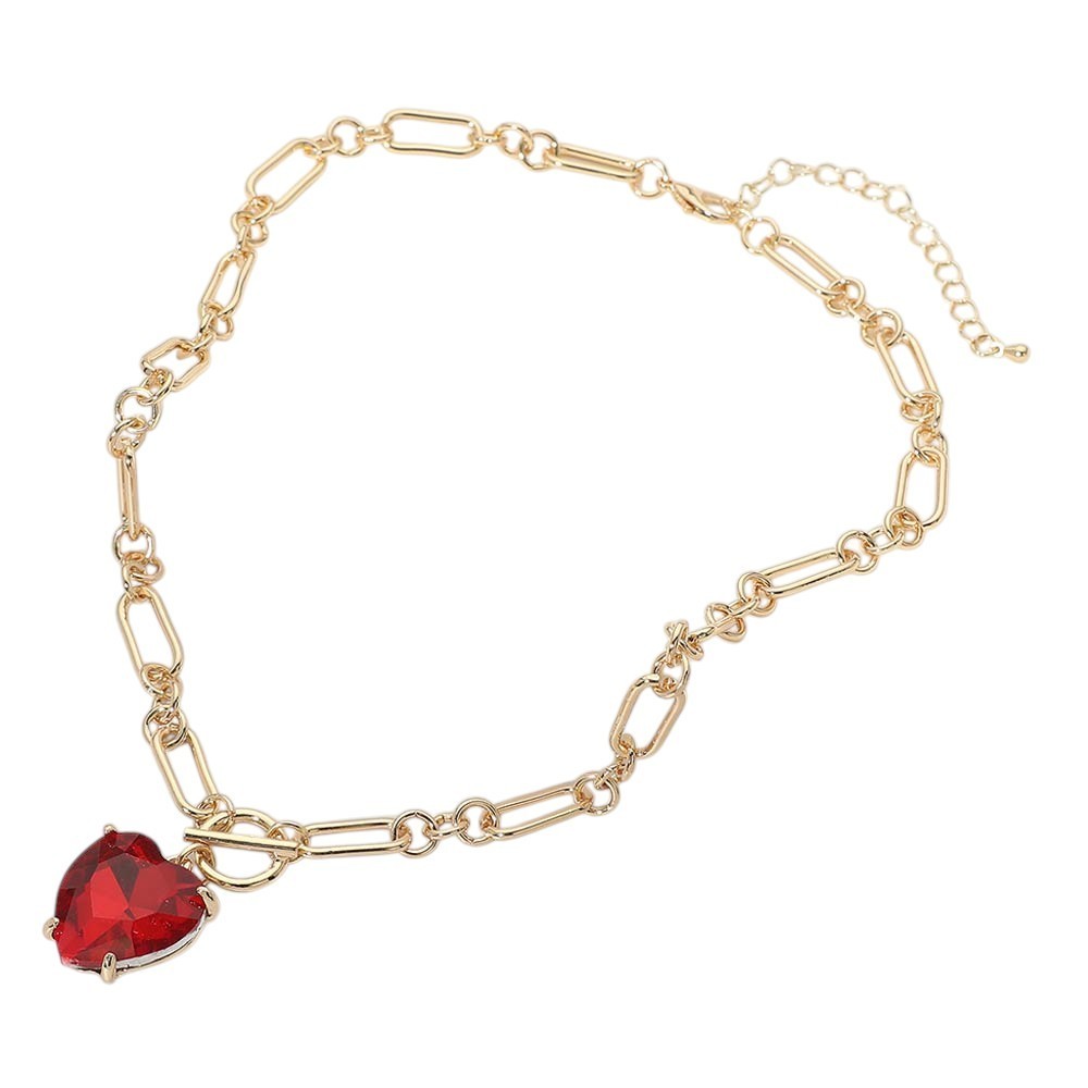 Gold Tone Red Heart Crystal Toggle Necklace Paperclip Chain Statement Pendant
