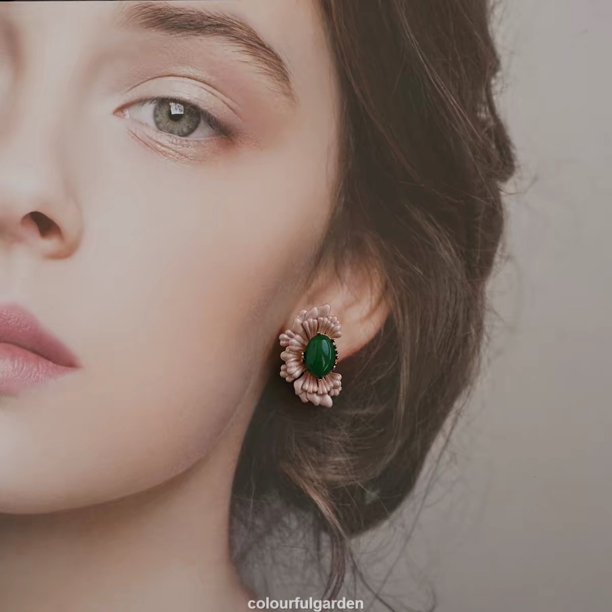 Vintage Pink Natural Stone Enamel Gold plated Flower Style earring for woman