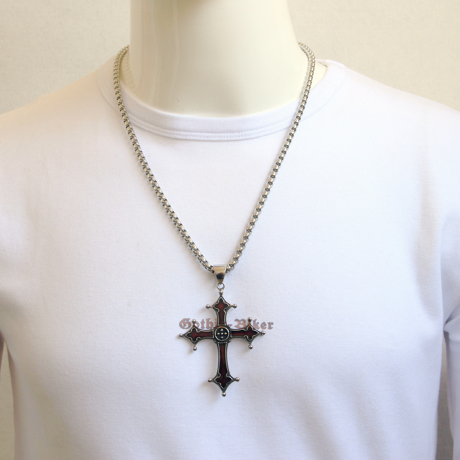 Men’s Gothic Bloody Red Enamel Solid 316L Stainless Steel Cross Necklace Pendant