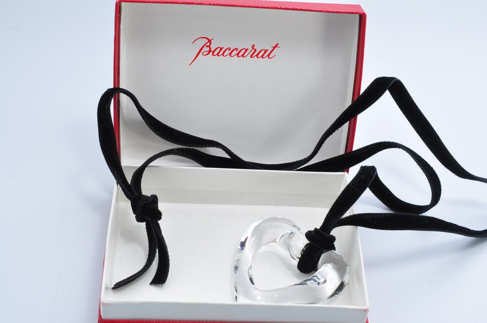 Baccarat Crystal Heart Pendant Necklace Clear Black Velvet w/Box Auth 11485