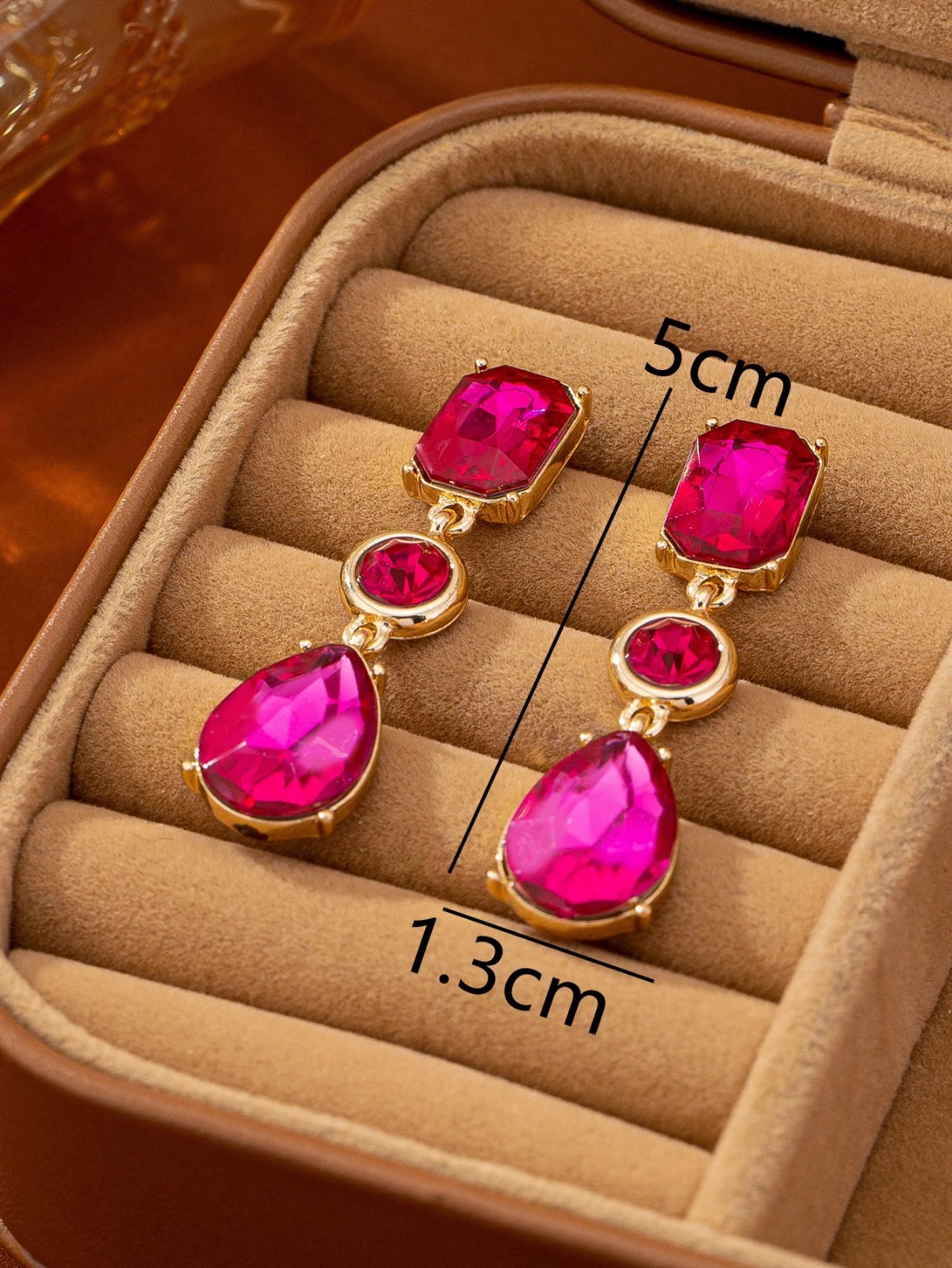 Gold Alloy Pink Crystal Chain Drop Earrings, Fuchsia Gradient Statement Dangle