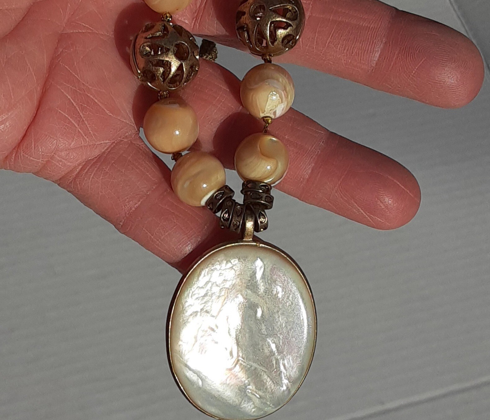 Shell Necklace Boho Jewelry Pendant Filigree Beads Multi Chain Victorian Style
