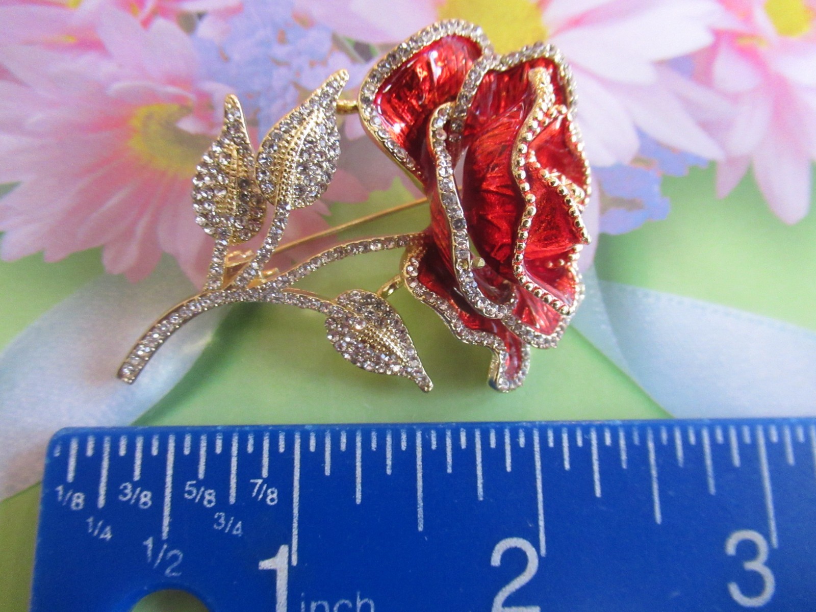2.50″ DESIGNER STYLE BEAUTIFUL LAYERED RED ROSE CRYSTAL ENAMEL BROOCH NEW