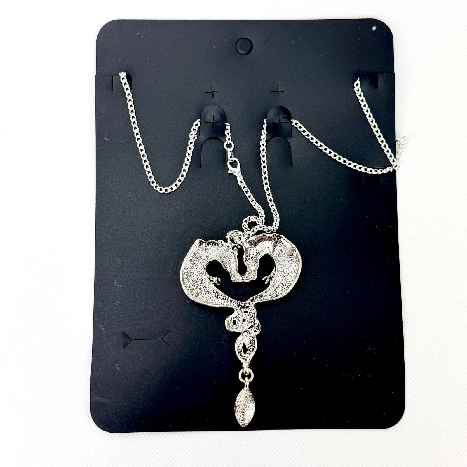 Chain Necklace 2 Dragons Twins Medieval Fantasy Silver Black Stone
