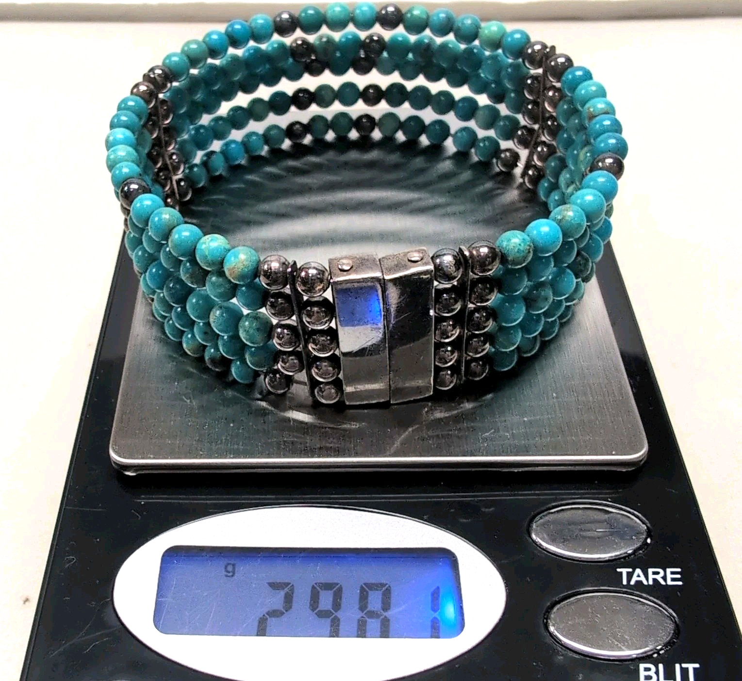 Sterling Silver .925 Turquoise Beaded Multi-Strand Magnetic Cuff Bracelet 30g