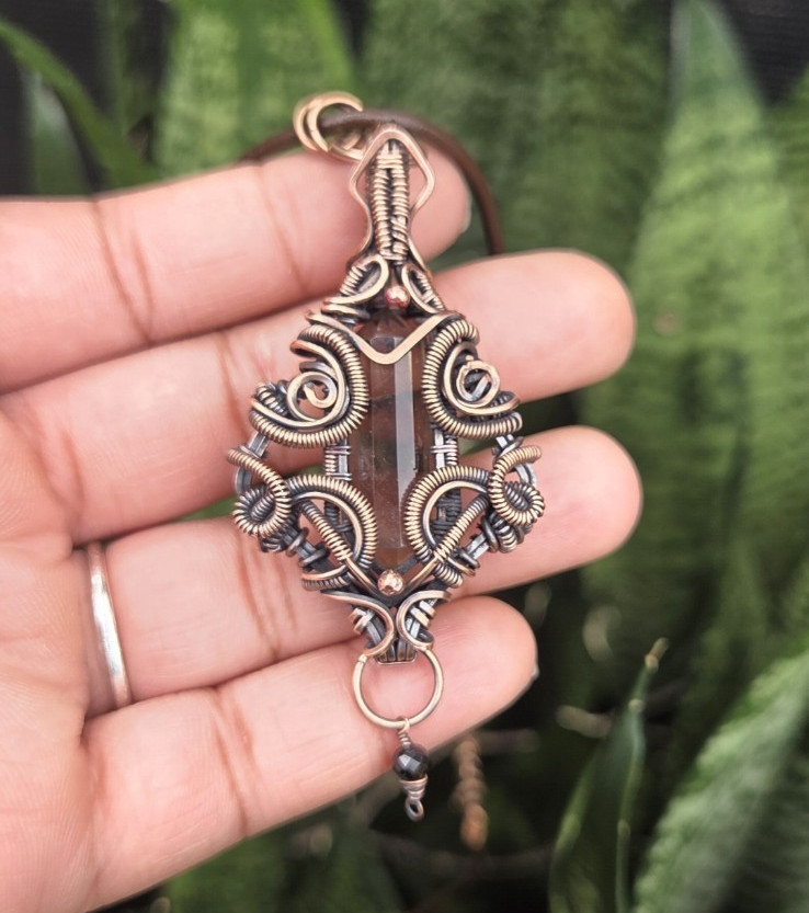 Handmade Copper Wire Wrapped Smokey Quartz With Leather Cord