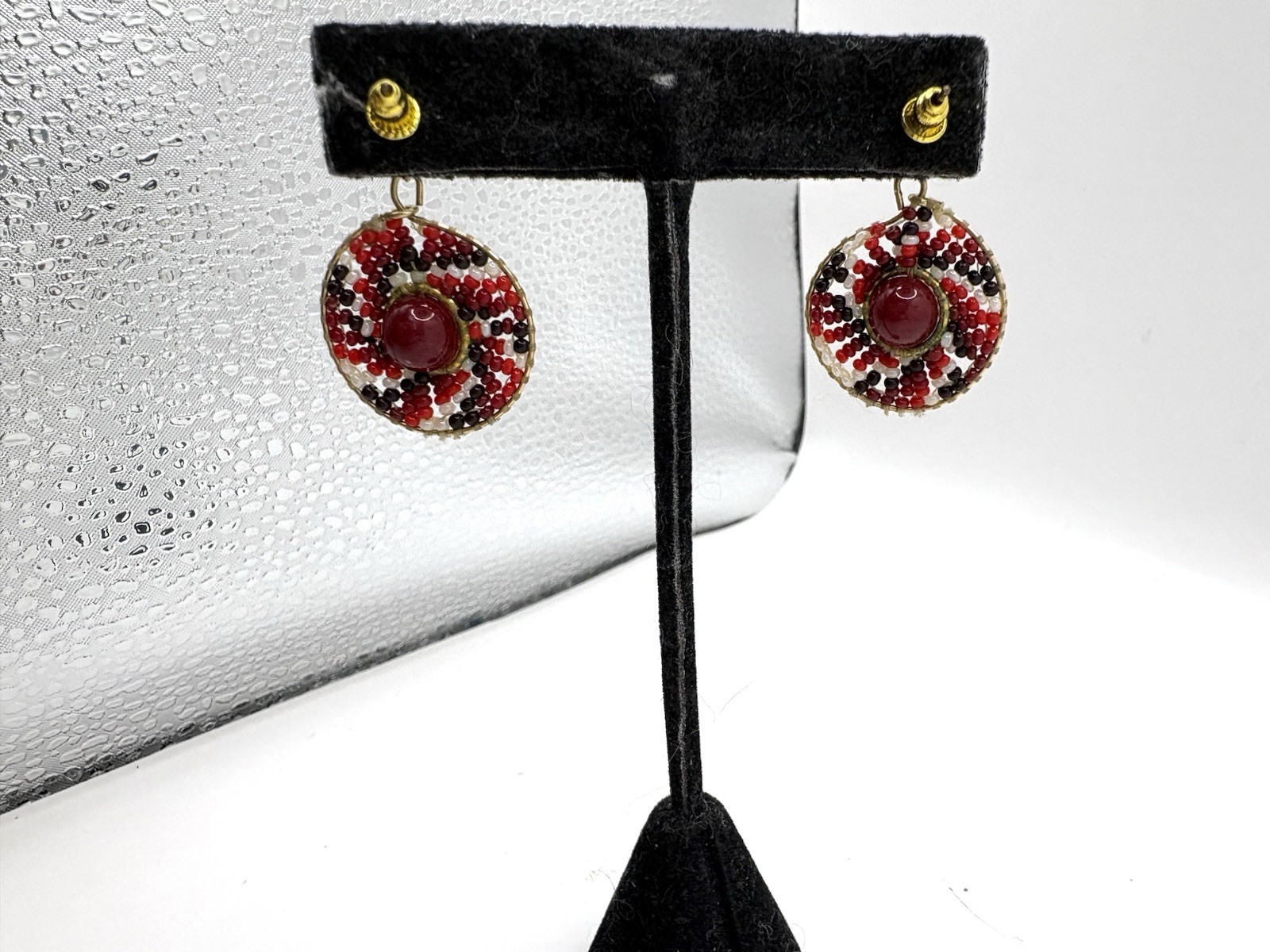Hand Beaded Red White & Black Beaded Dangle Pierced Stud Earrings Gold Tone