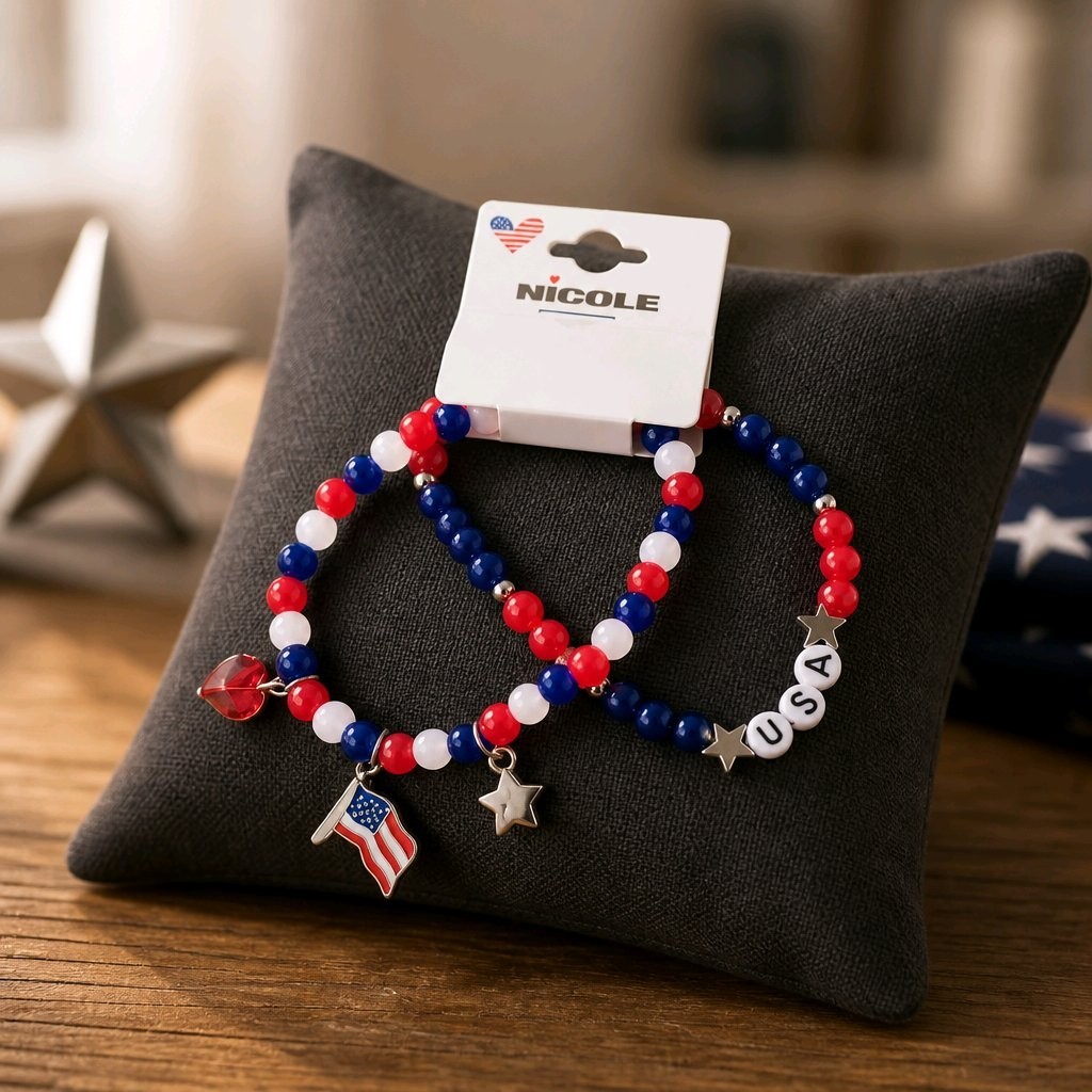 Patriotic Beaded Bracelet Set 4th of July 2pc Red White Blue USA Charm Bracelet
