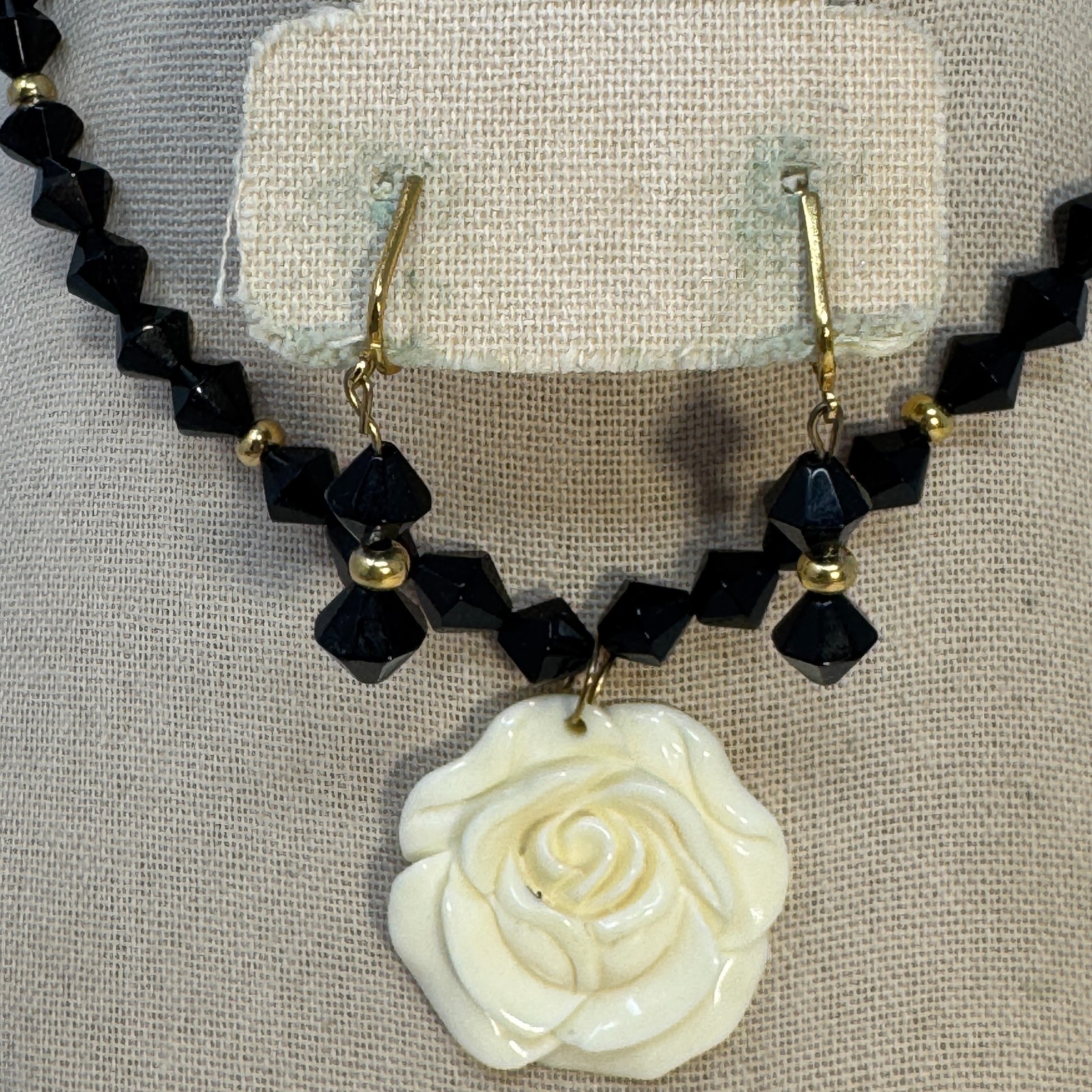 Vintage 60s Black Bicone Bead Necklace Ivory White Carved Resin Rose Pendant Set